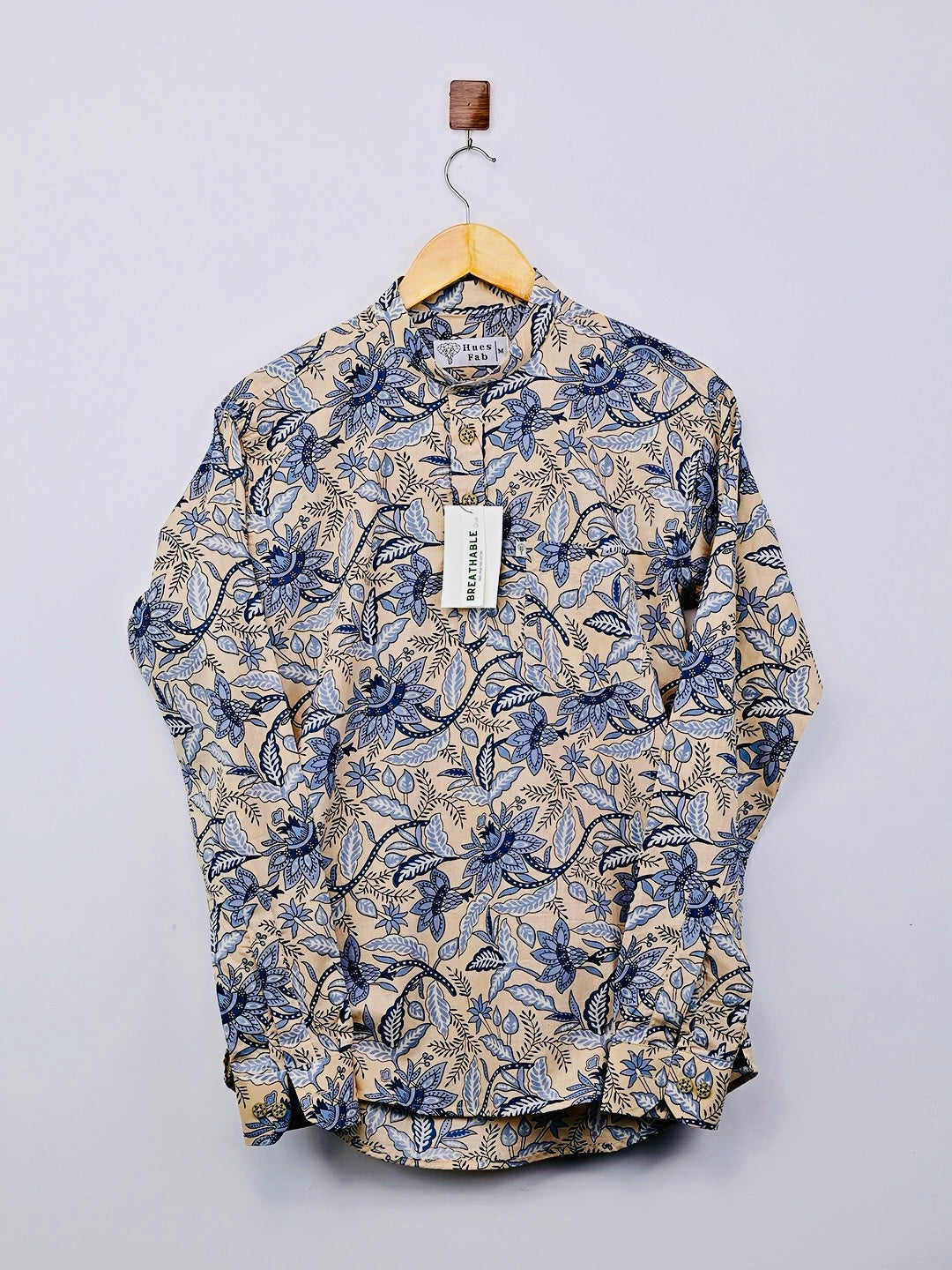 cream blue floral short kurta