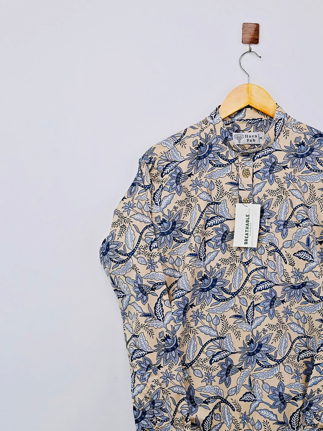 cream blue floral short kurta