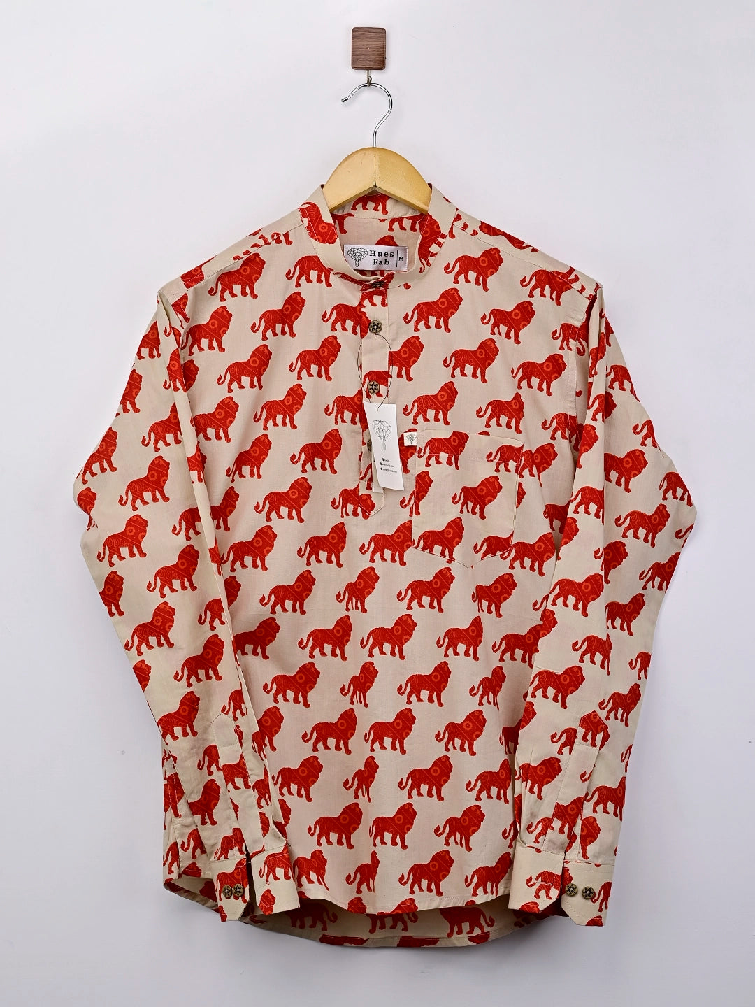 cream red lion printed short kurta