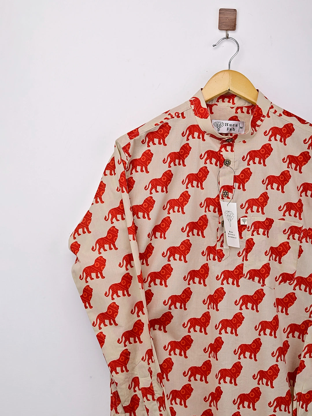 cream red lion printed short kurta