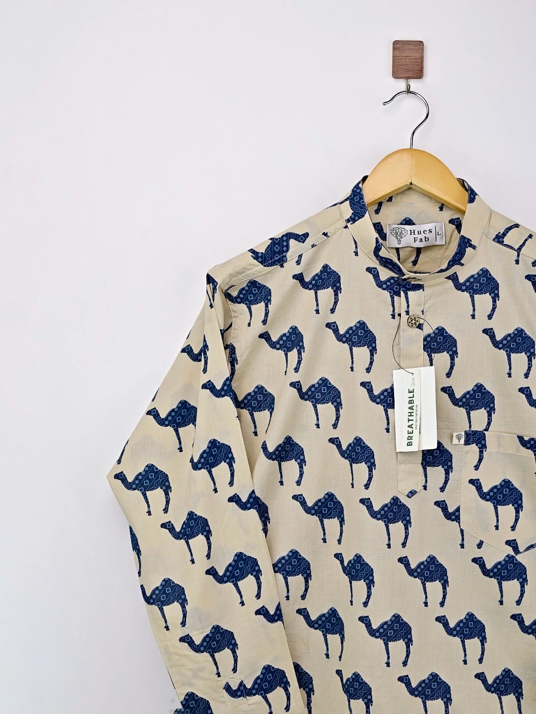 cream blue camel printed short kurta