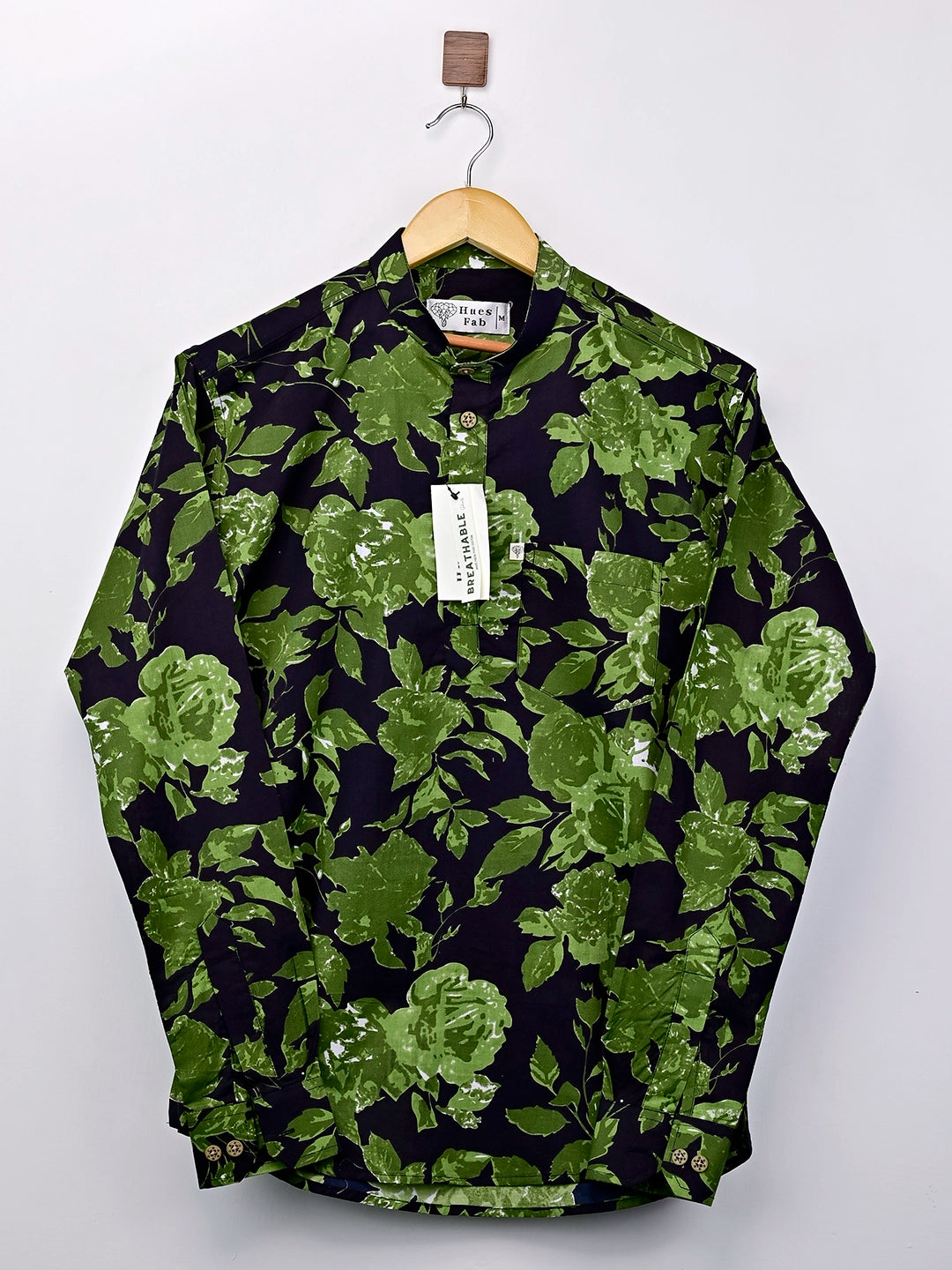 black - green floral short kurta