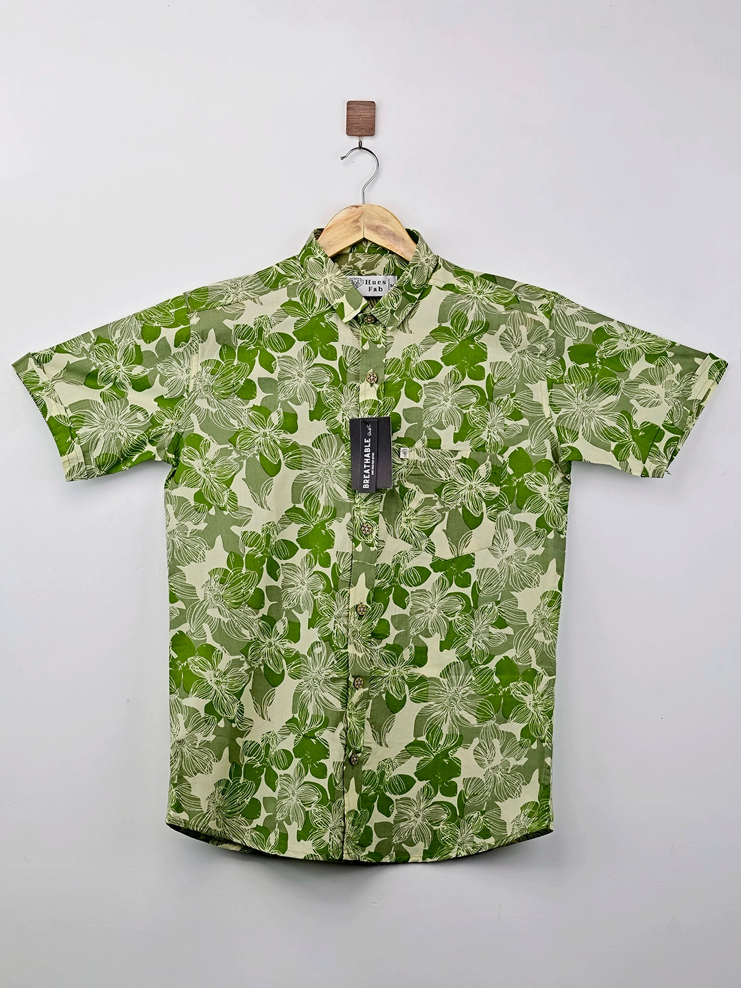 cream green floral half sleeves shirt