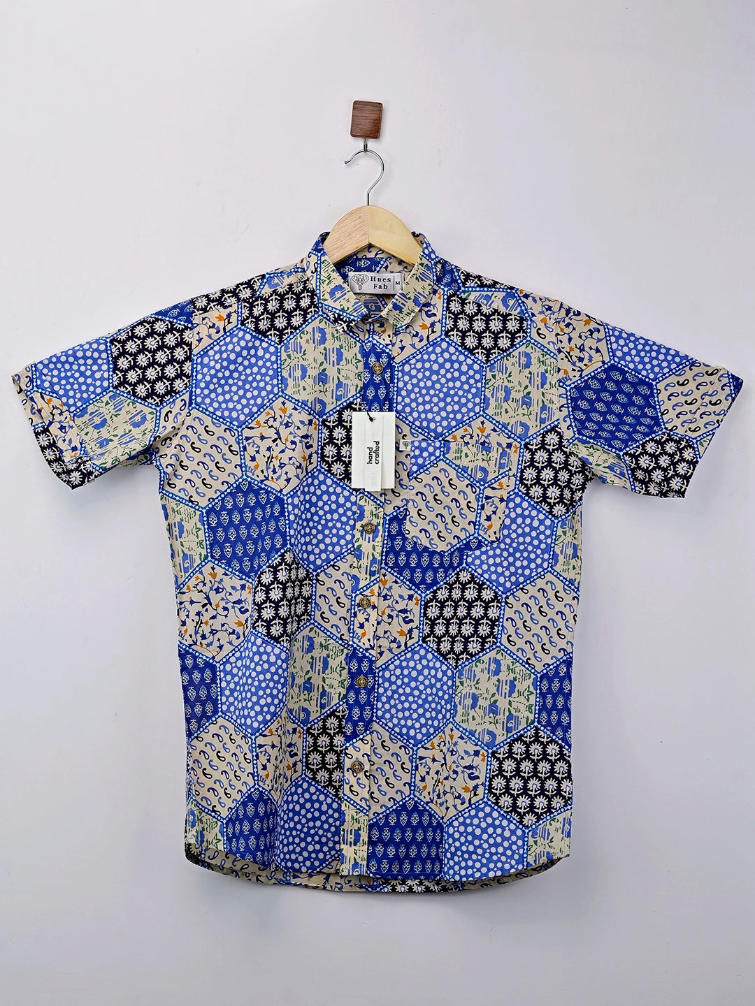 Blue Patchwork Printed Half Sleeves Shirt