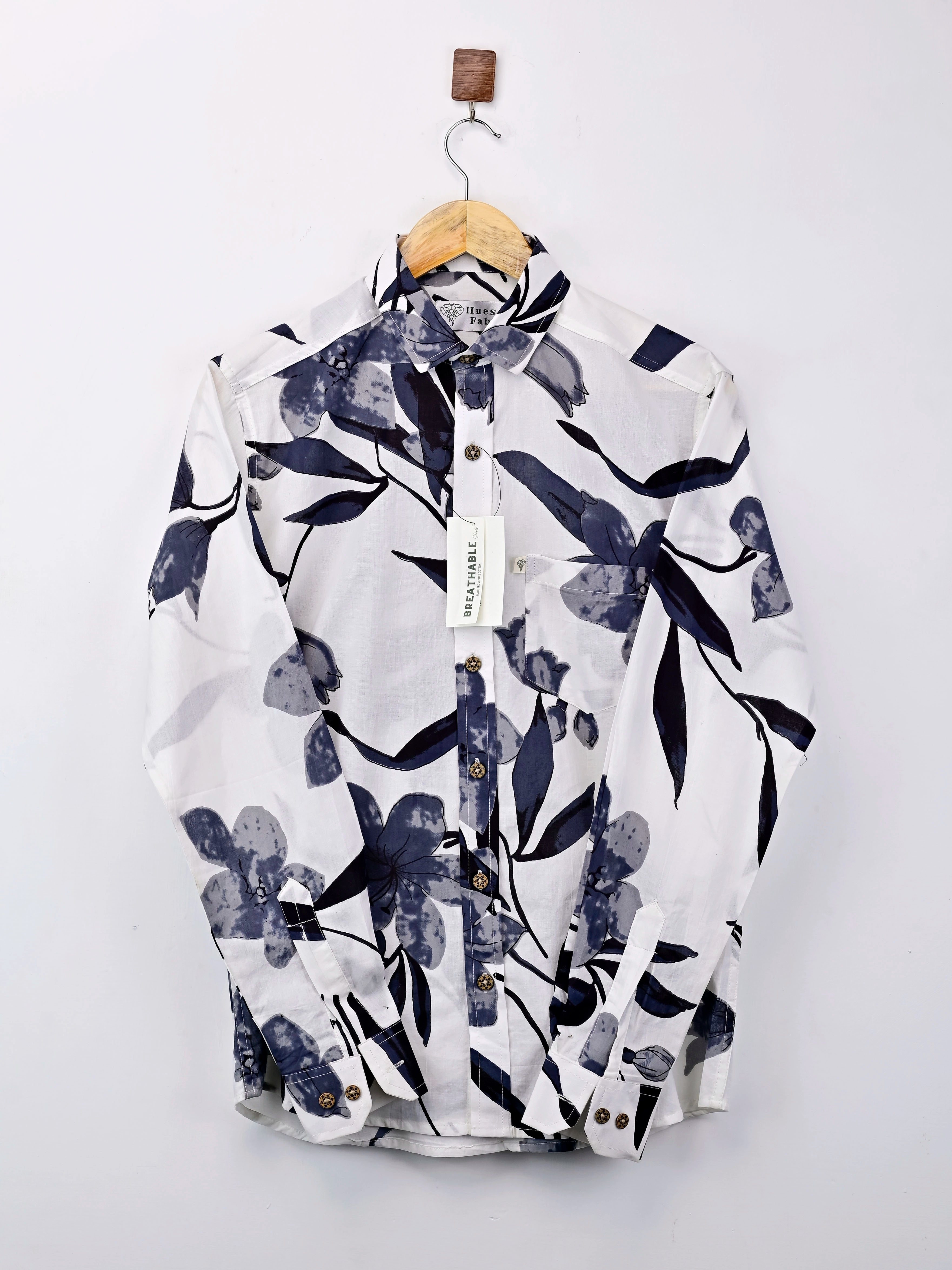 White – Grey Floral Printed Full Sleeves Shirt