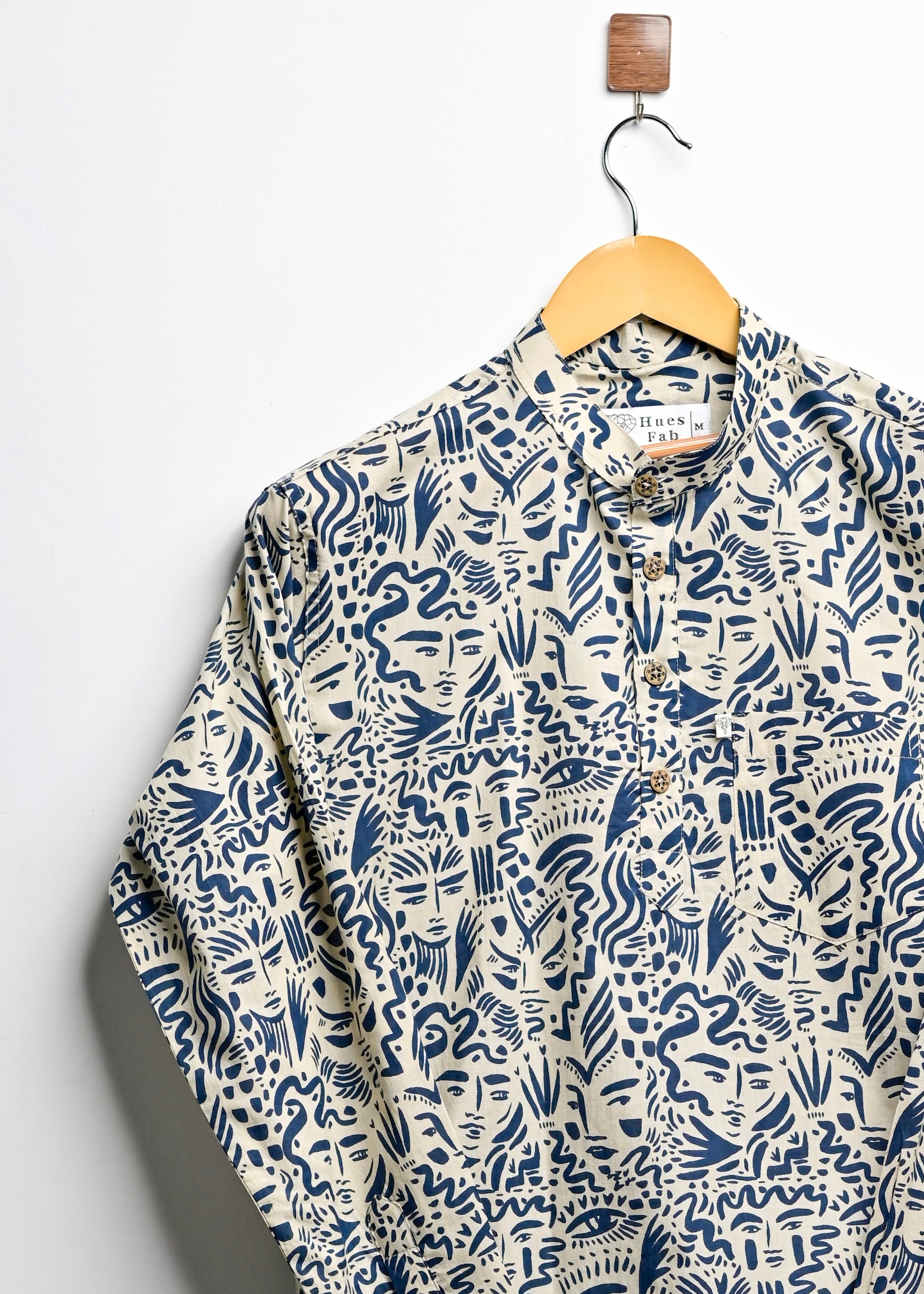 Cream Blue faceart short kurta