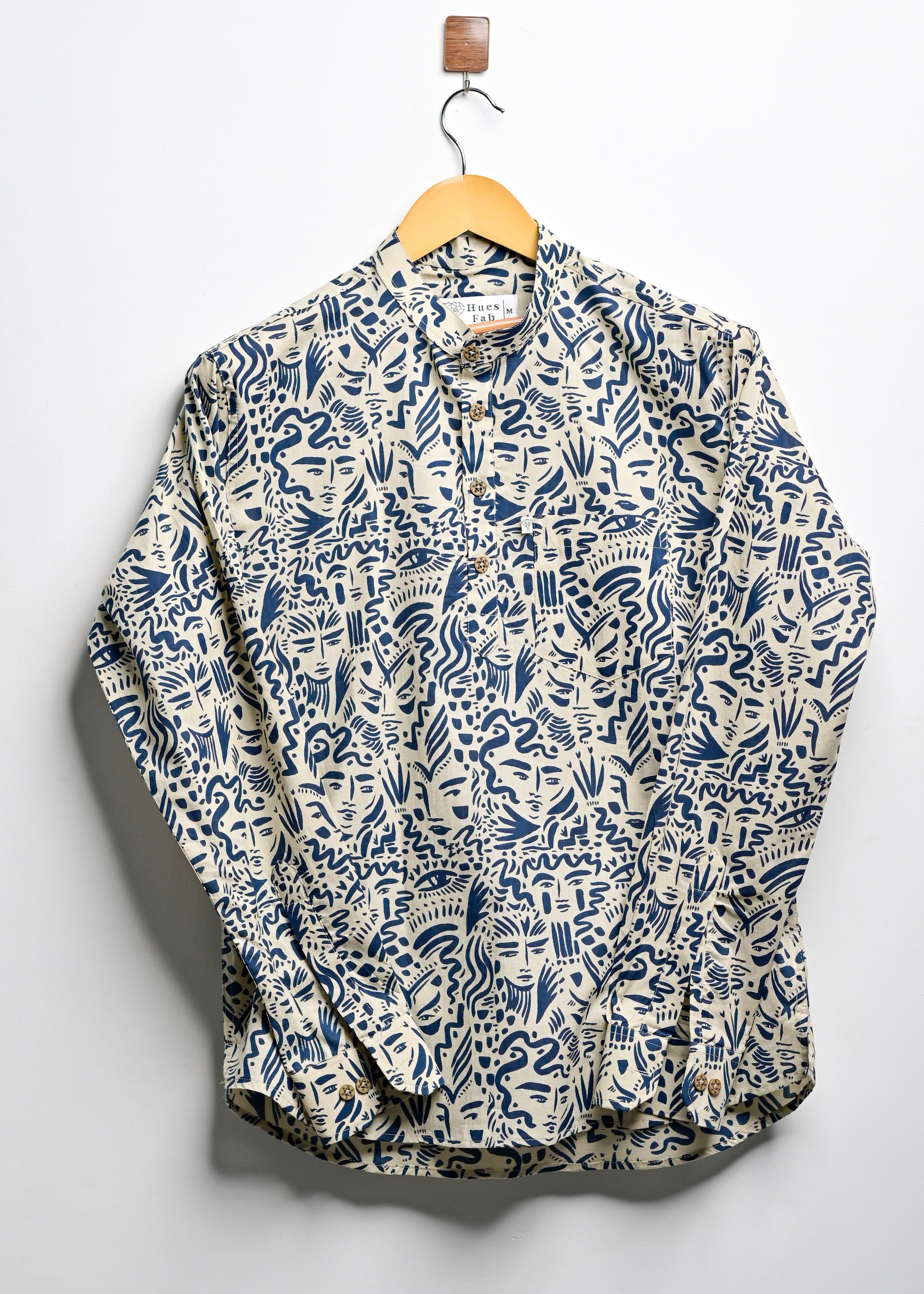 Cream Blue faceart short kurta