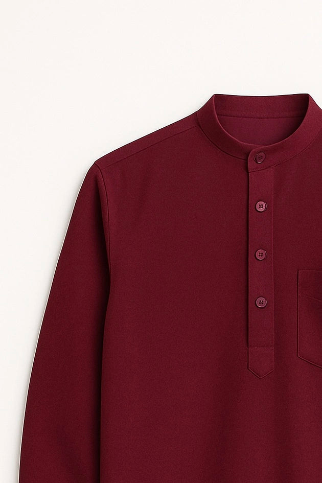 Maroon Linen Blend textured Short Kurta