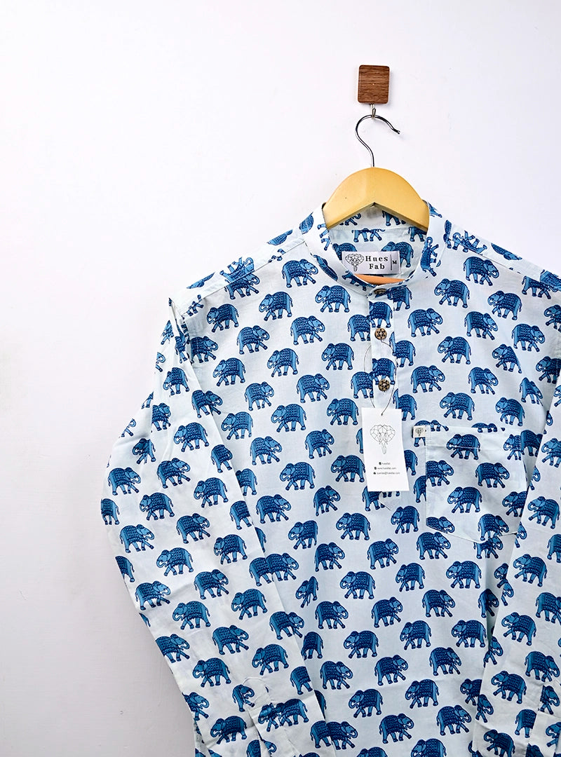Yellow Elephant Print Stripe Kurta Set