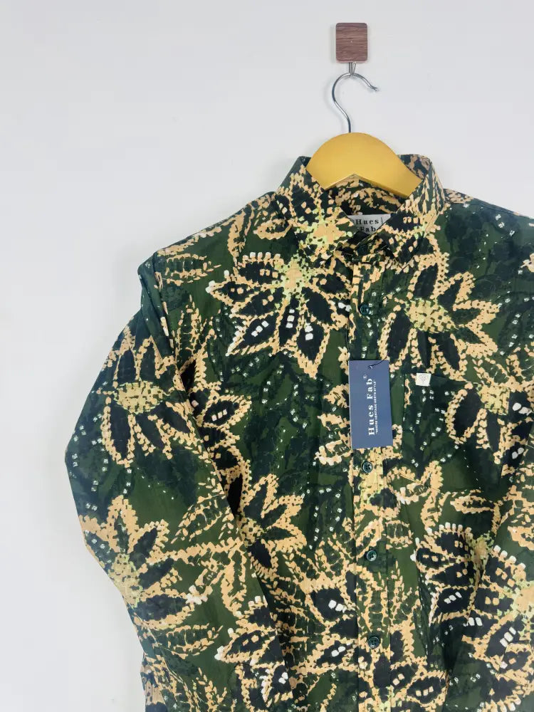 Olive Green Floral Full Sleeves Shirt