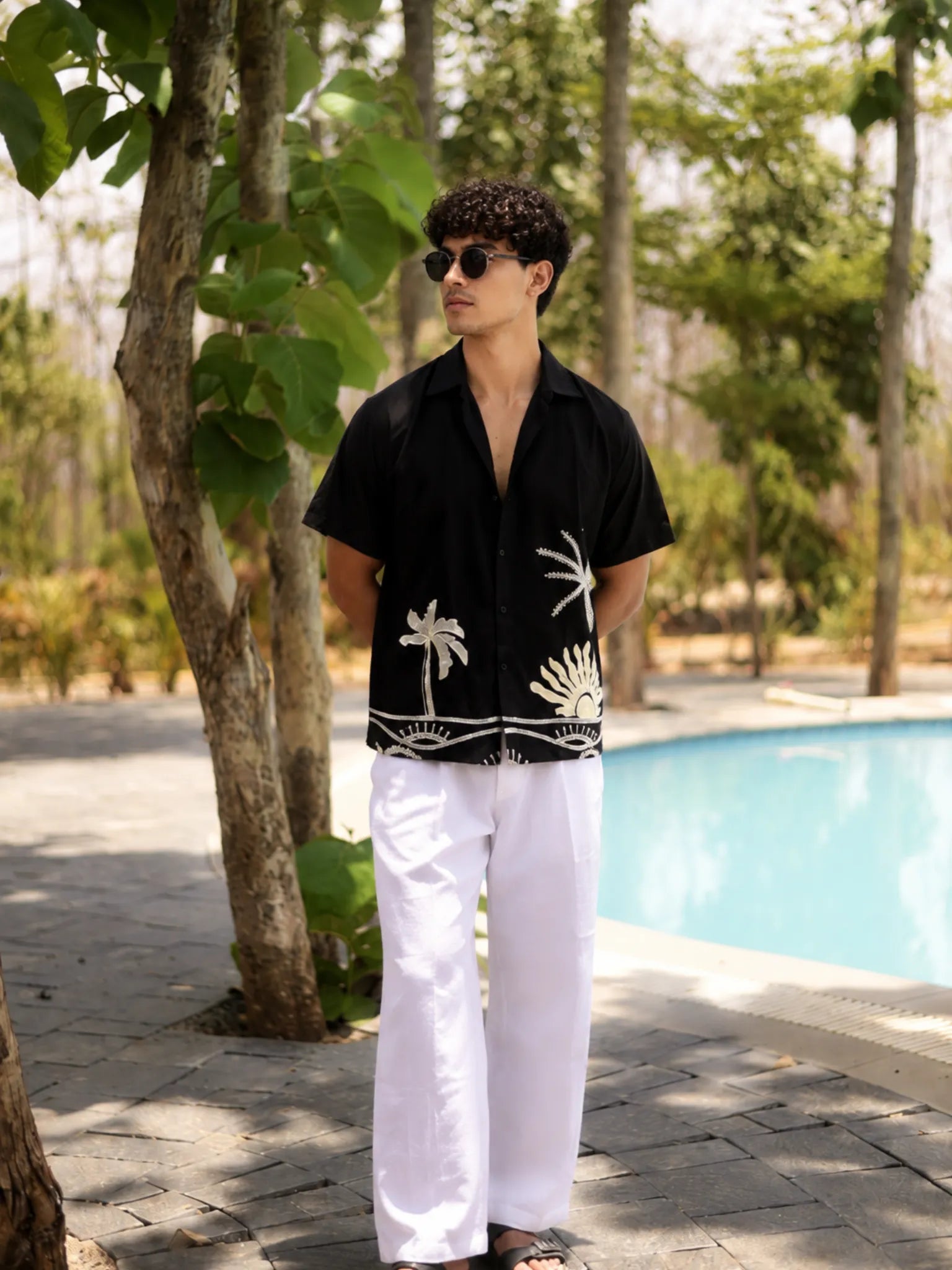 HUESFAB Black Embroidery Half Sleeves Shirt