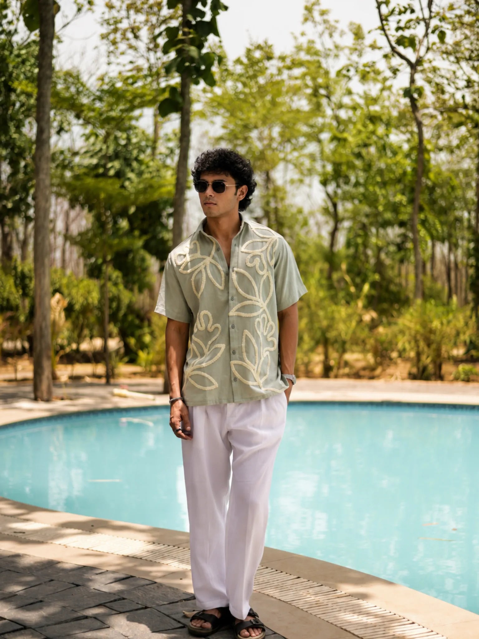 HUESFAB Mint Green Embroidery Half Sleeves Shirt