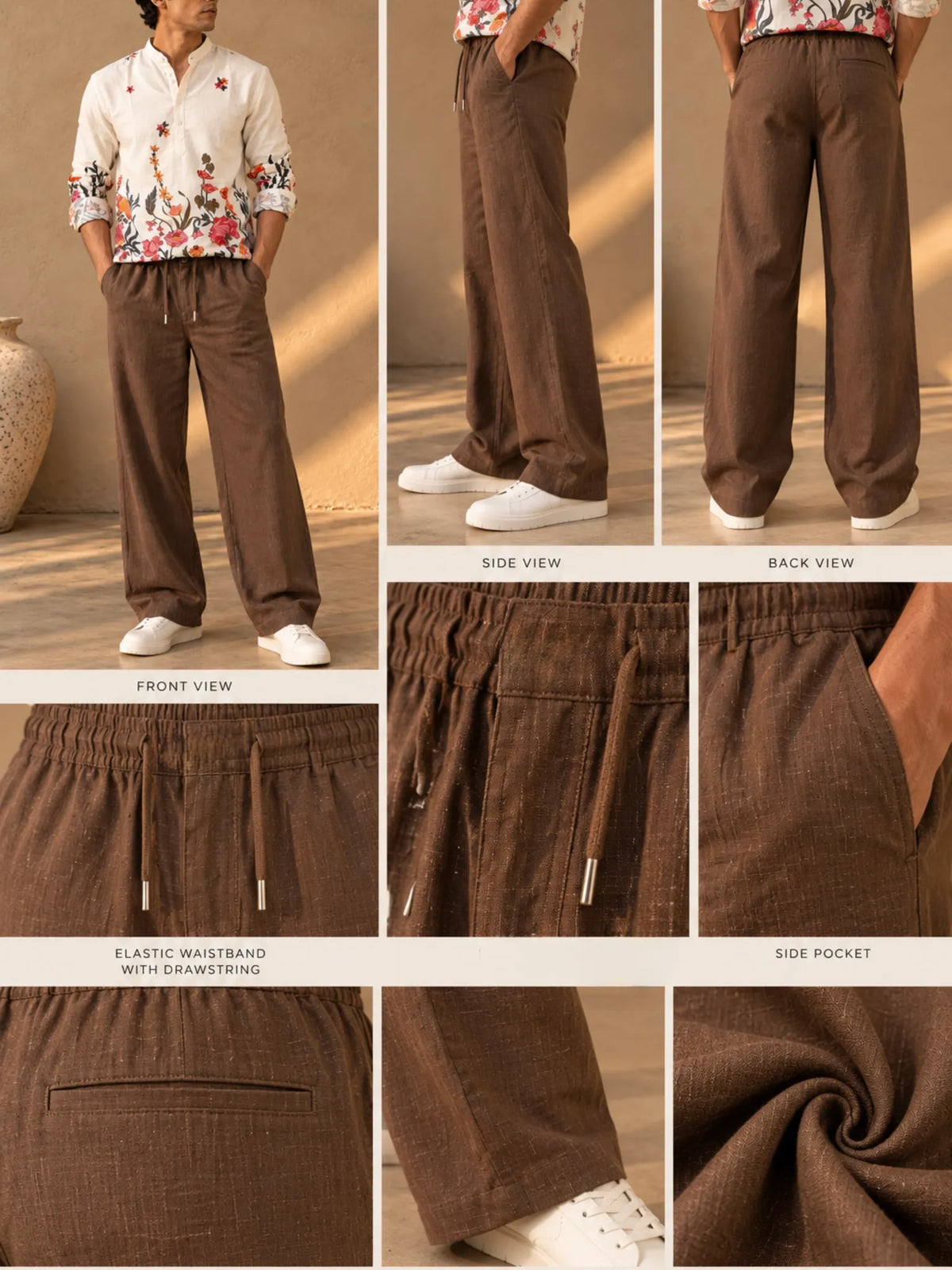 BROWN STRAIGHT FIT COTTON LINEN PANTS