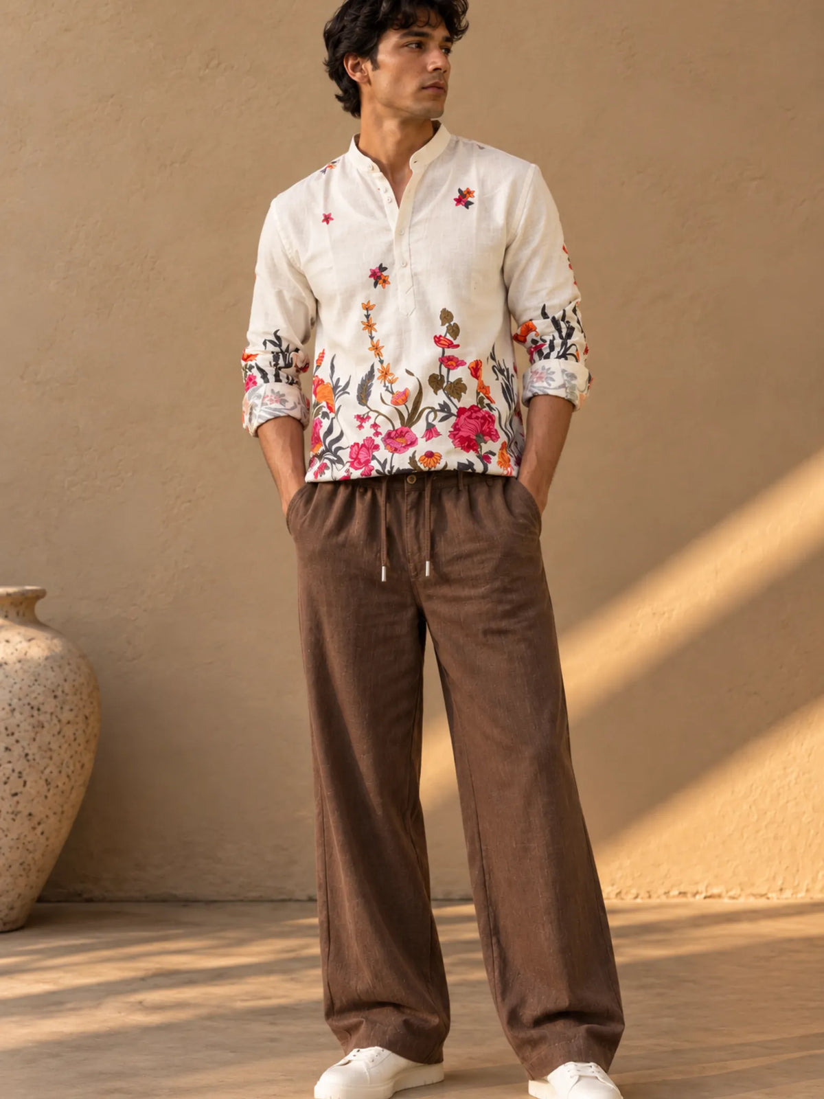 BROWN STRAIGHT FIT COTTON LINEN PANTS