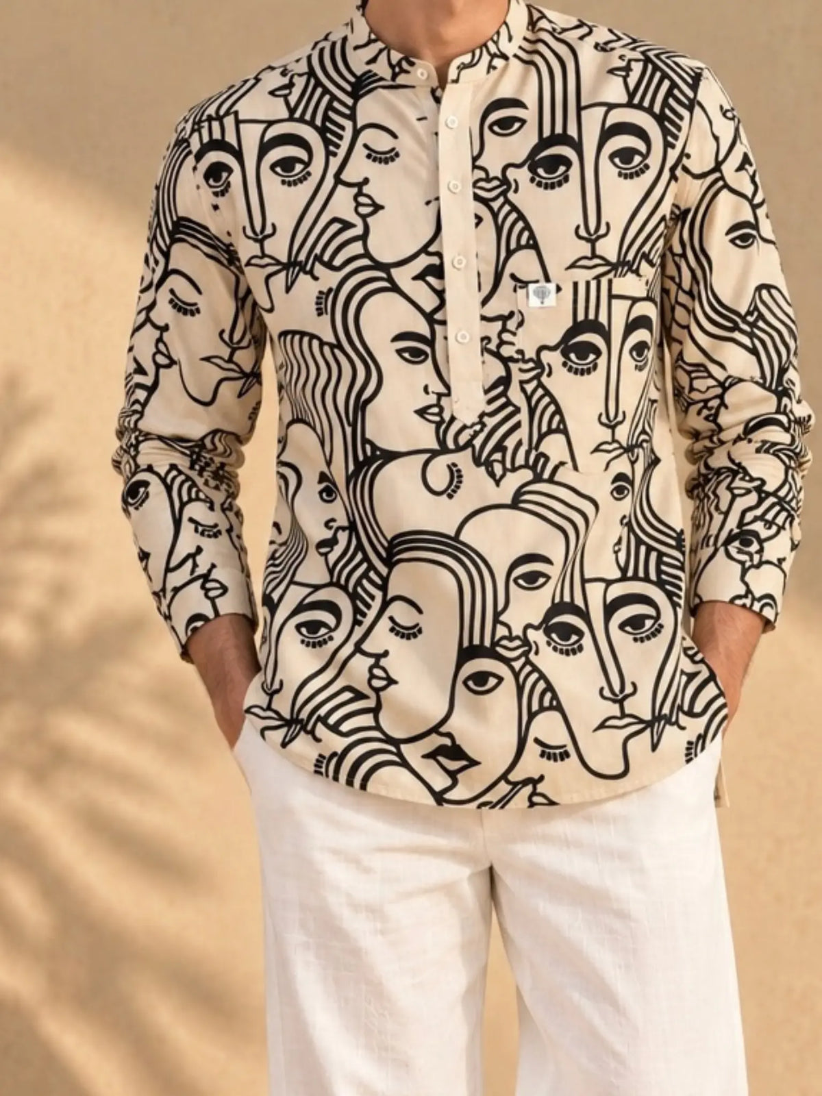 cream black face art short kurta