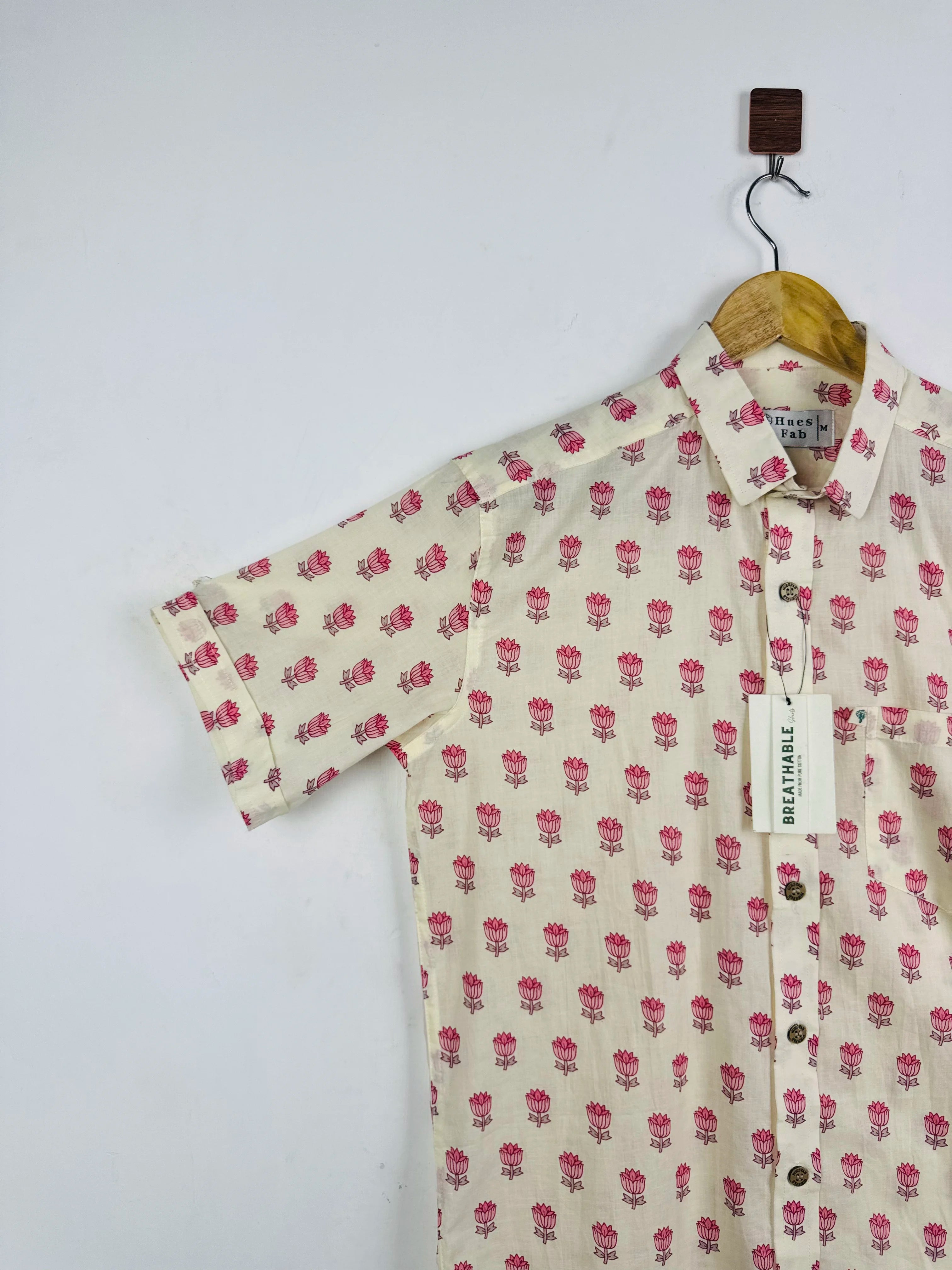 Off-White Pink Flower Half Sleeves Shirt