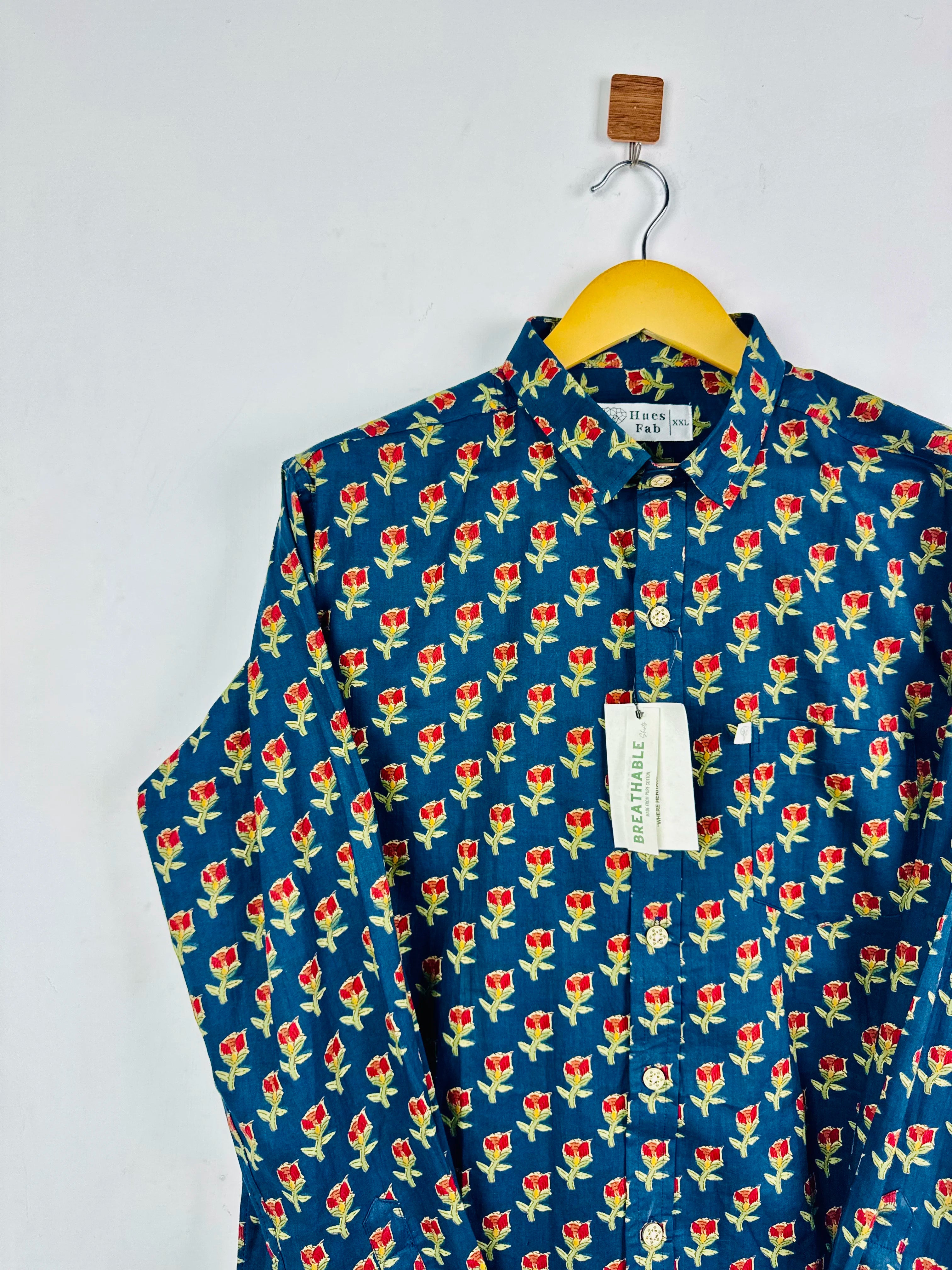Navy Blue / Red Flower Full Sleeves Shirt