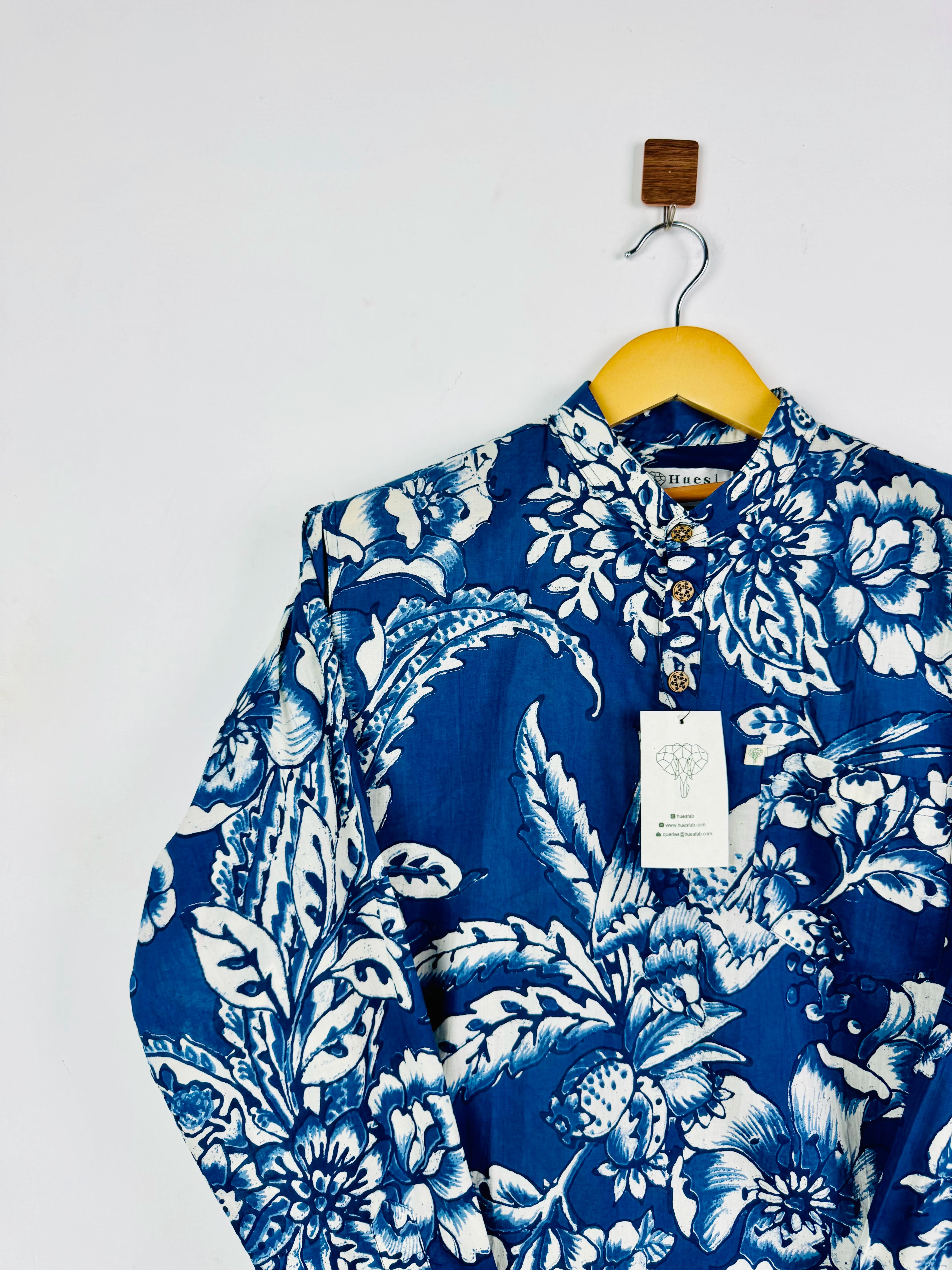 Navy Blue White Floral Printed Short Kurta
