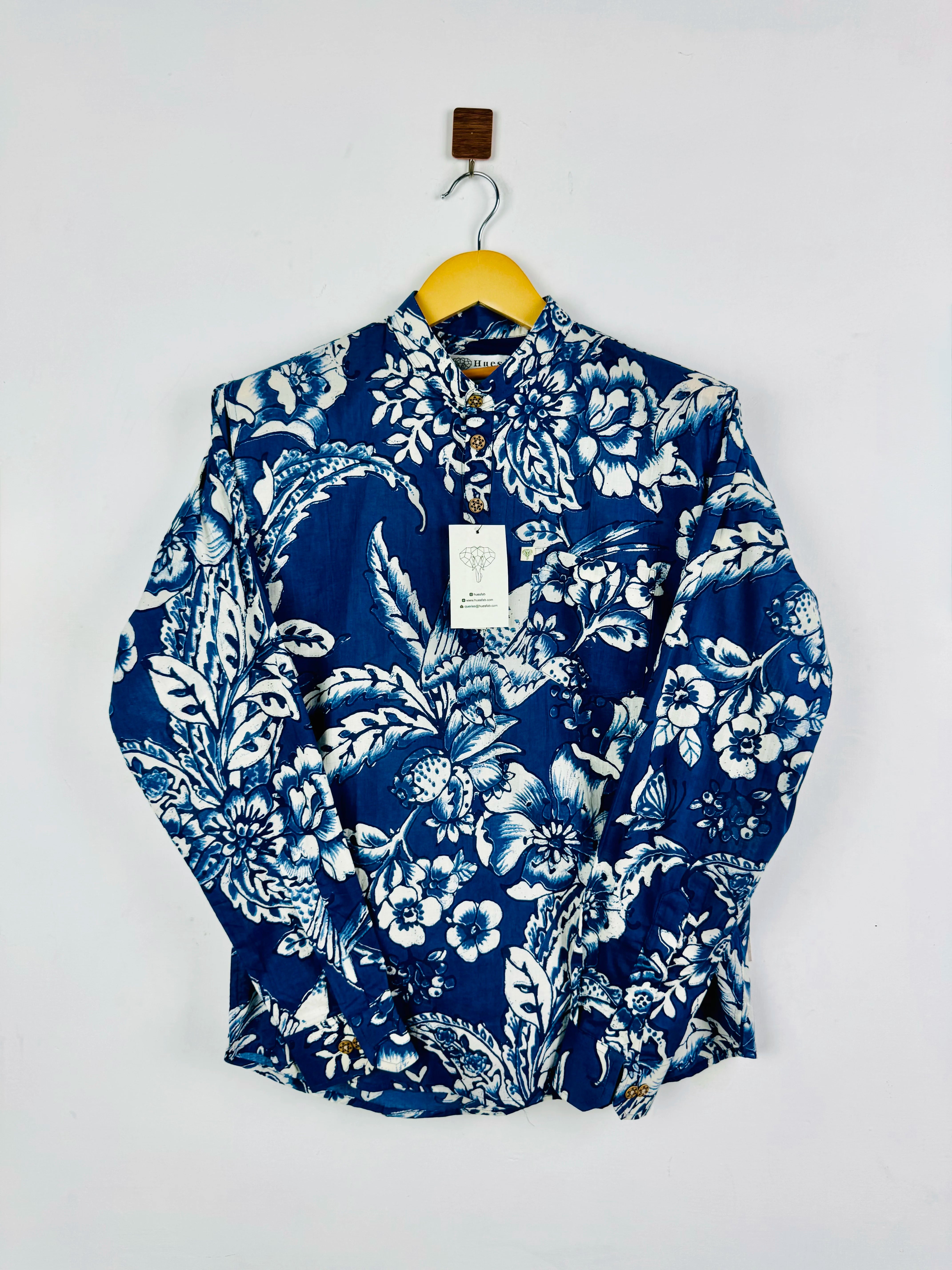 Navy Blue White Floral Printed Short Kurta