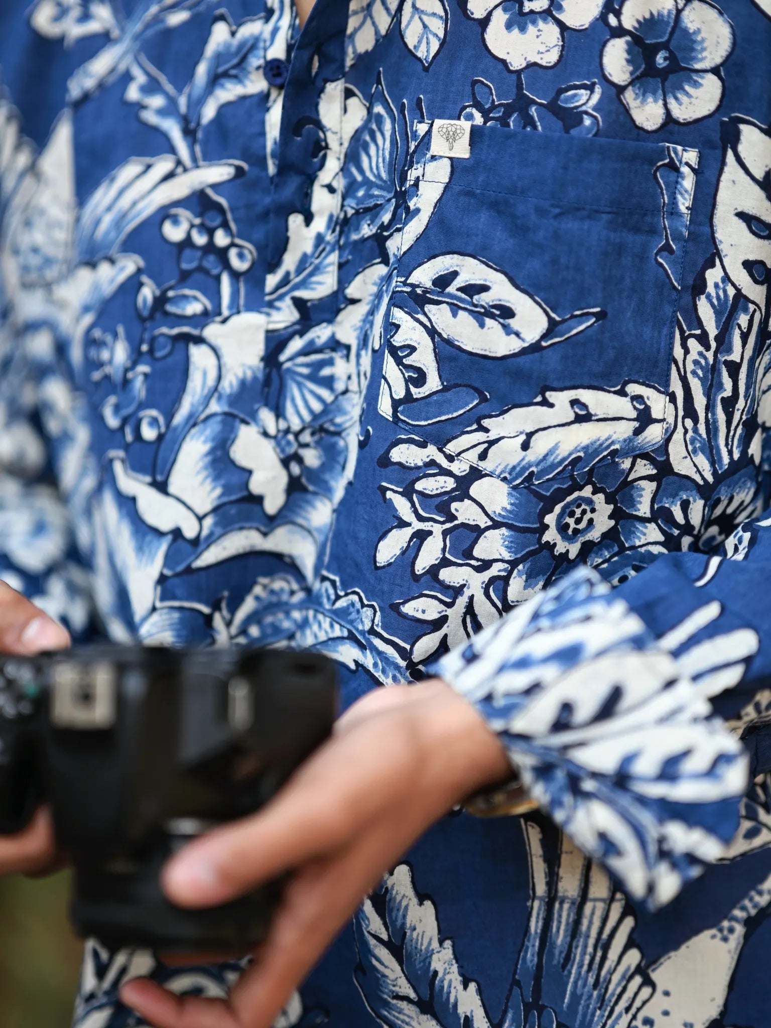 Navy Blue White Floral Printed Short Kurta