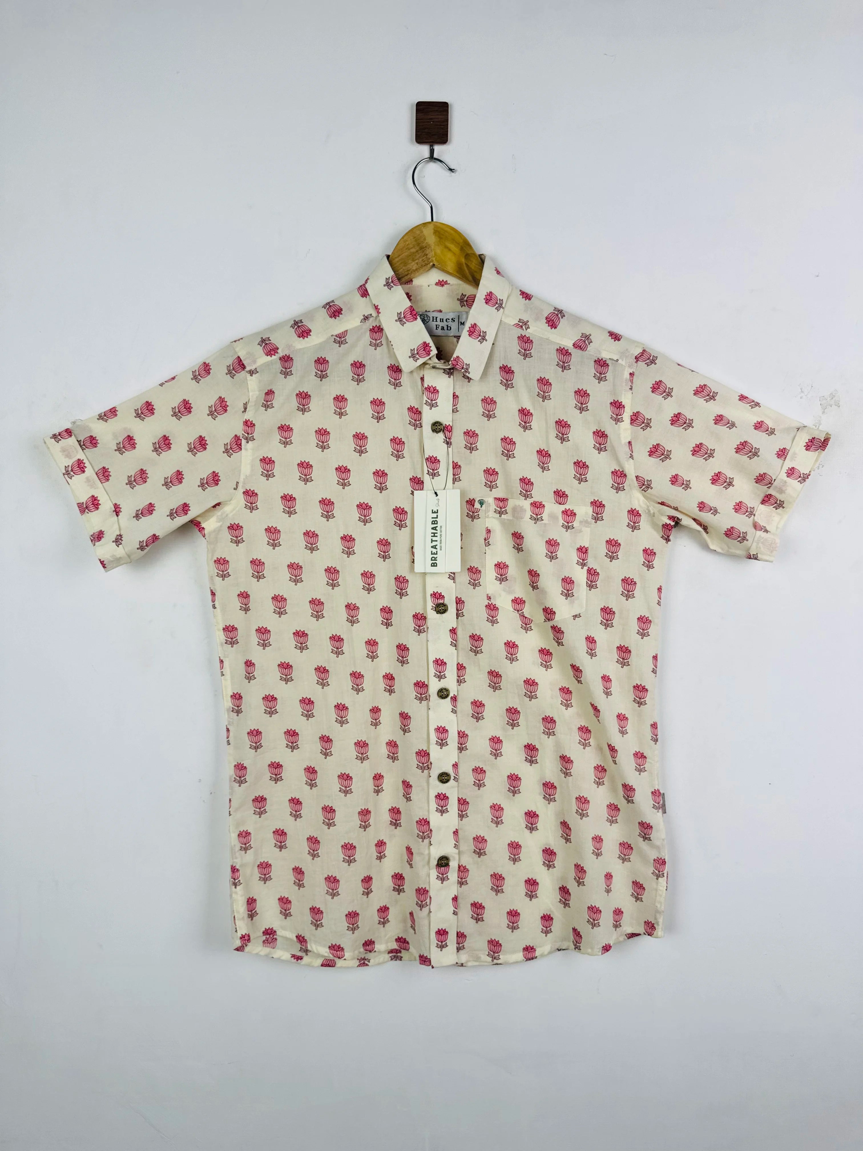 Off-White Pink Flower Half Sleeves Shirt