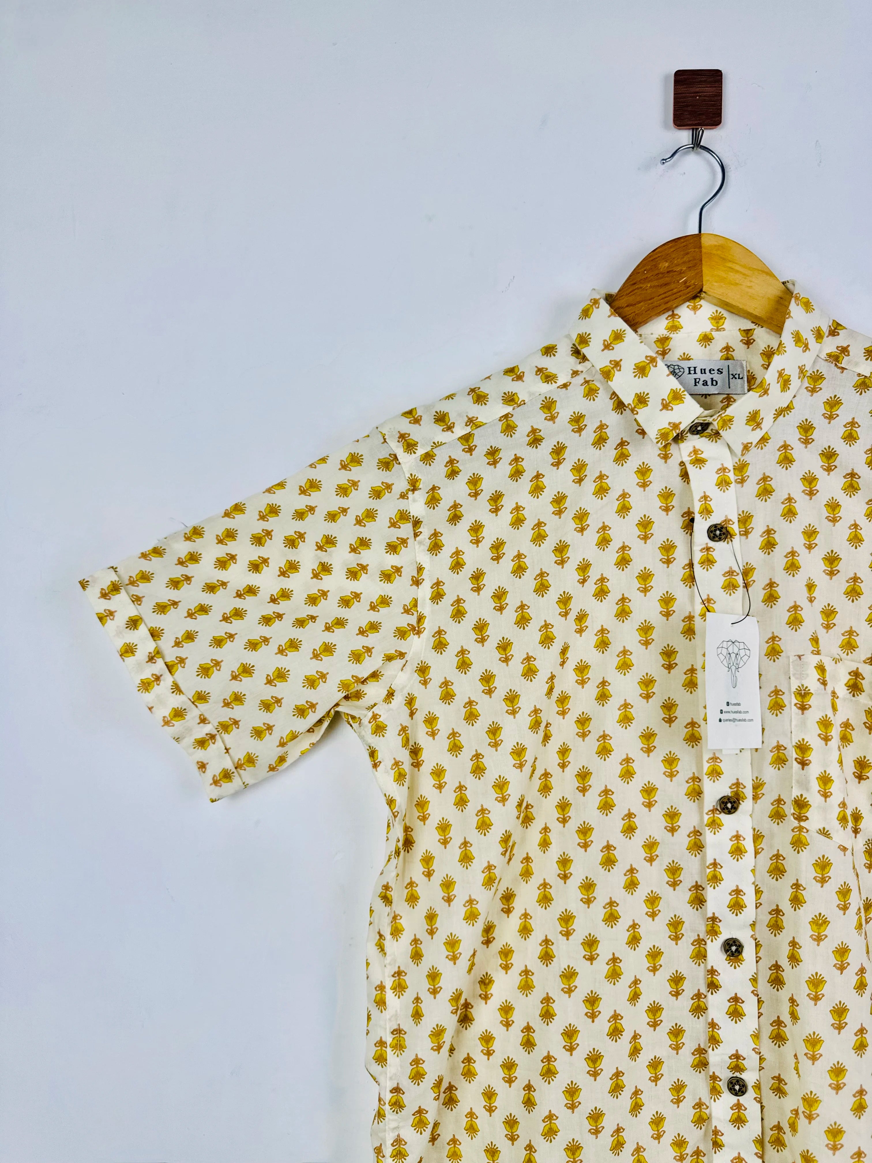 White Yellow Motifs Half Sleeves Shirt
