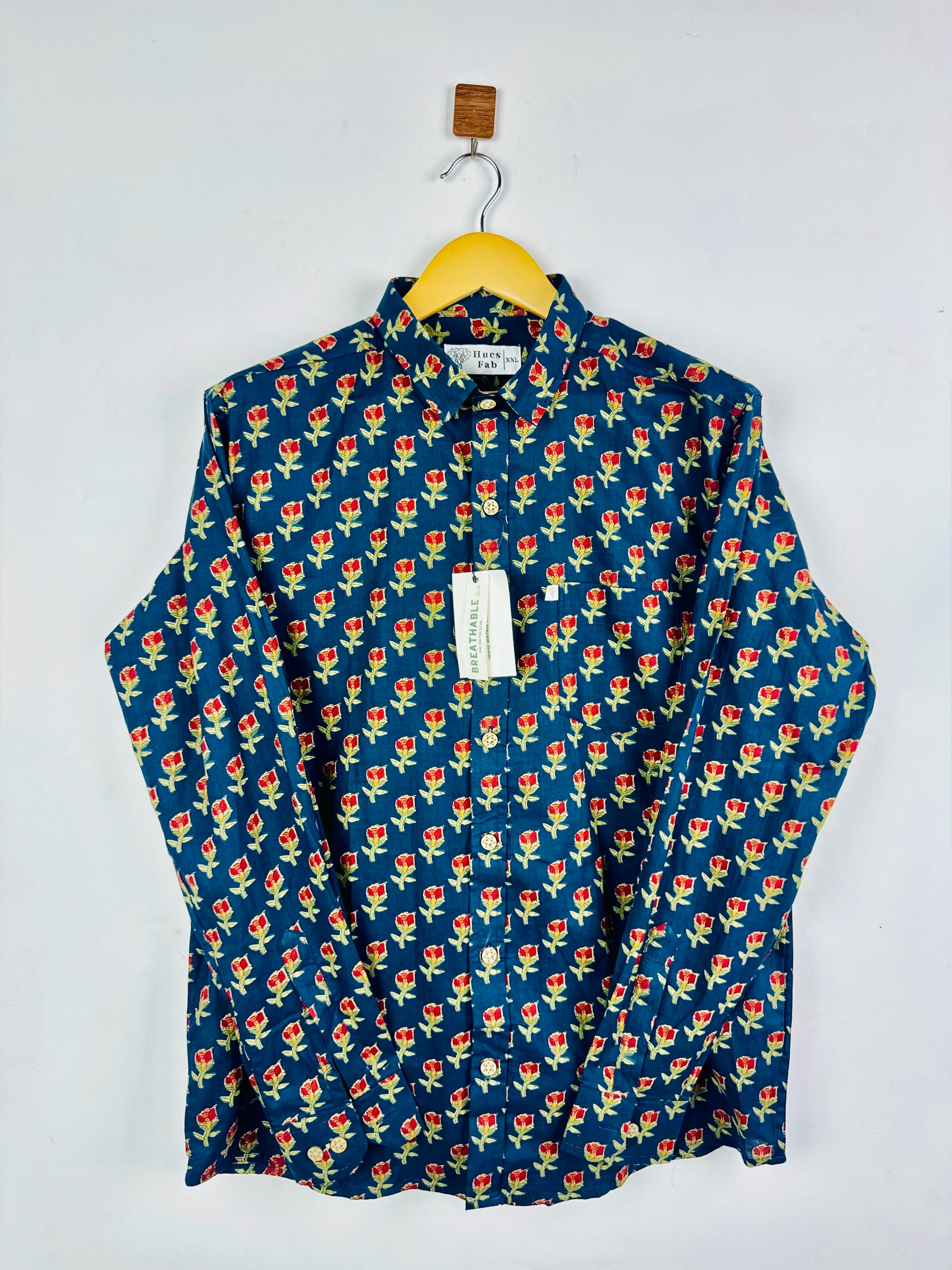 Navy Blue / Red Flower Full Sleeves Shirt