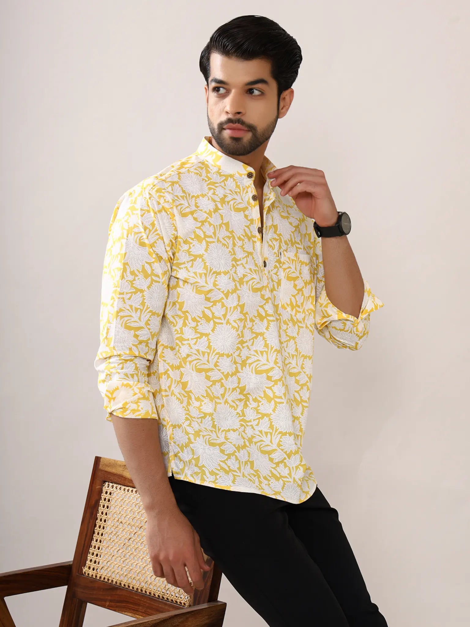 Yellow White Floral Short Kurta
