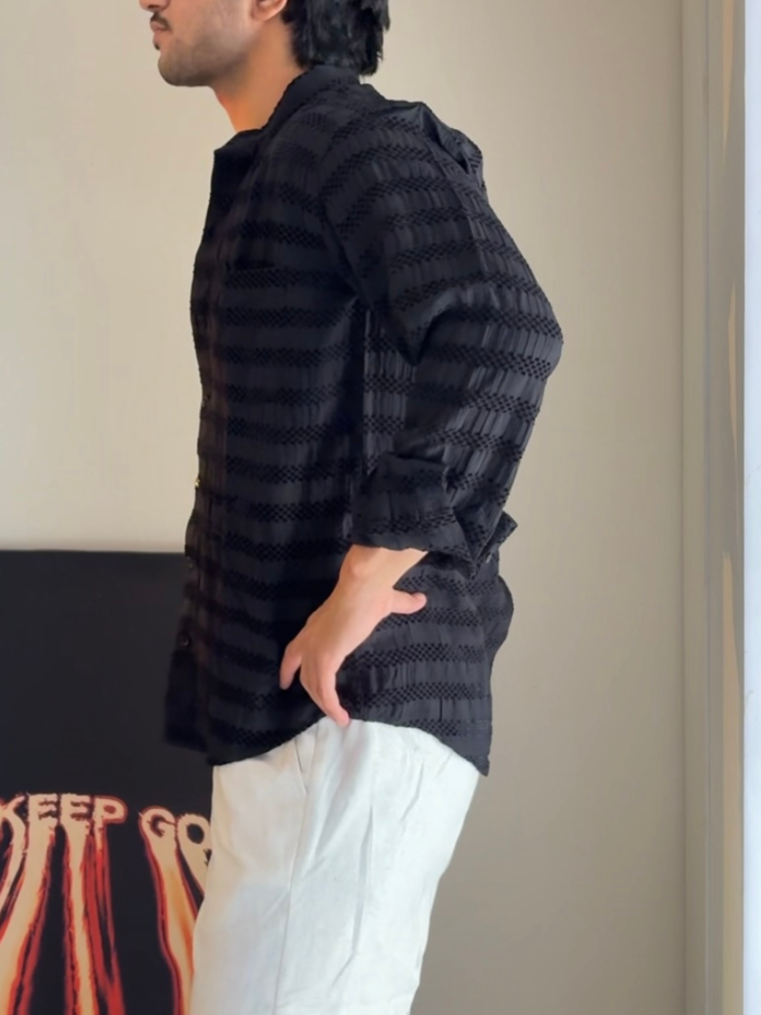 Black Texture Mandarin Collar Full Sleeves Shirt