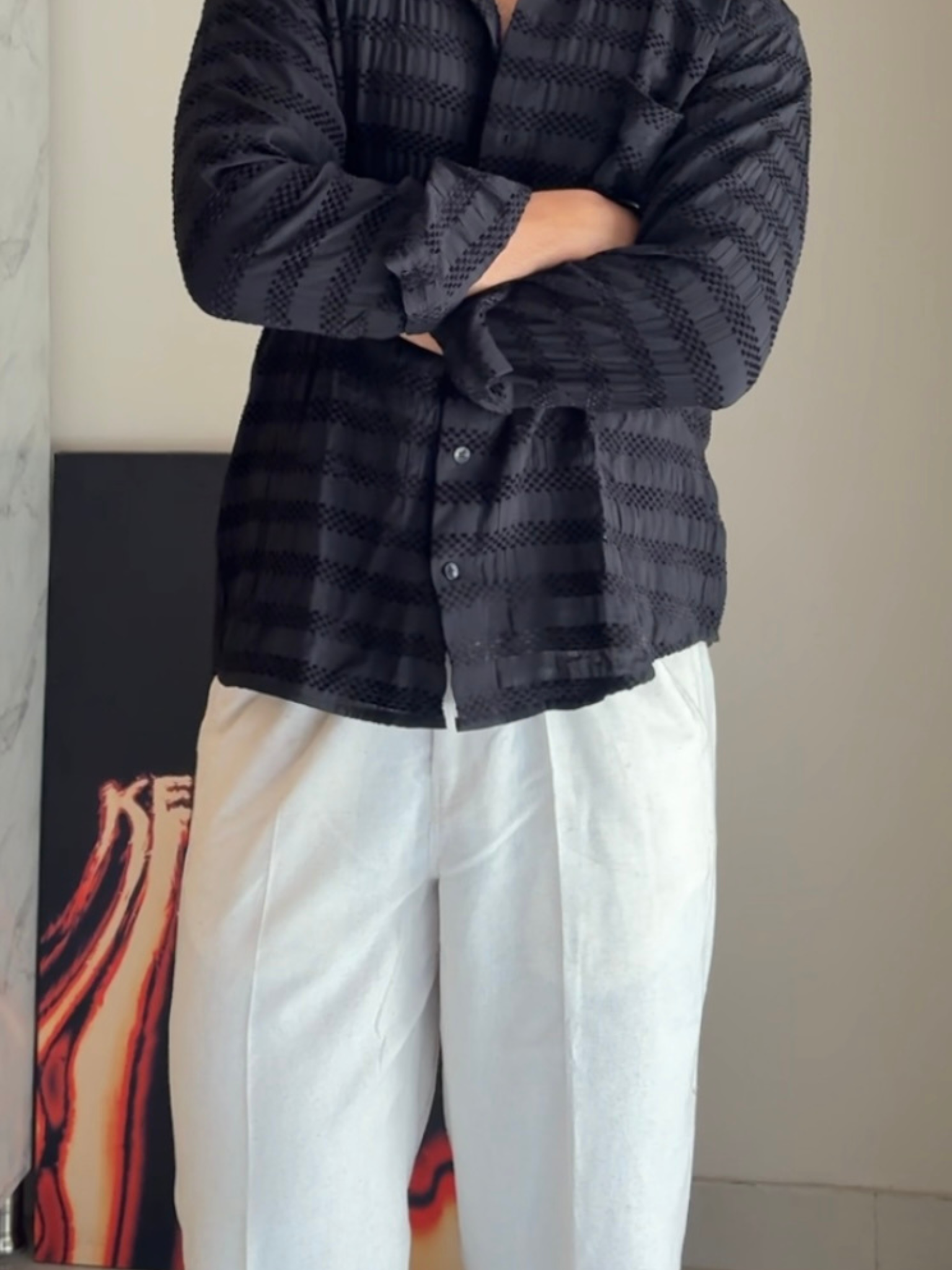 Black Texture Mandarin Collar Full Sleeves Shirt