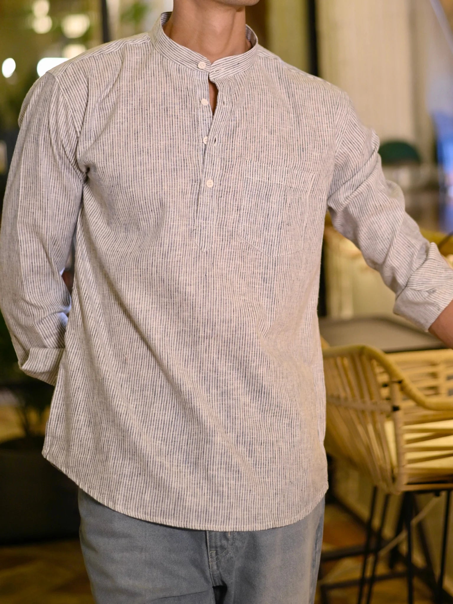 Grey Lining Cotton yarn Dyed Short Kurta