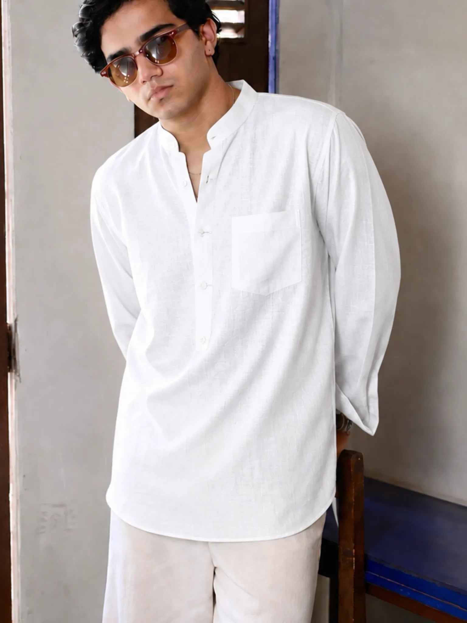 White Linen Matty Blend Short Kurta