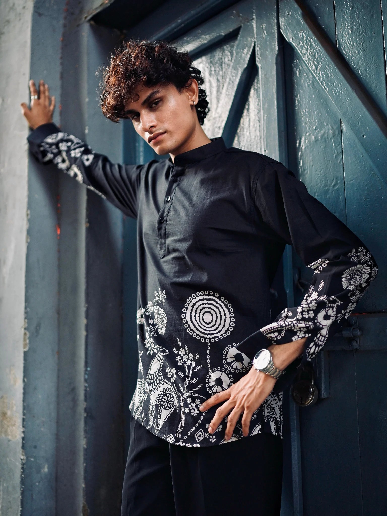 Black Placement Print short kurta
