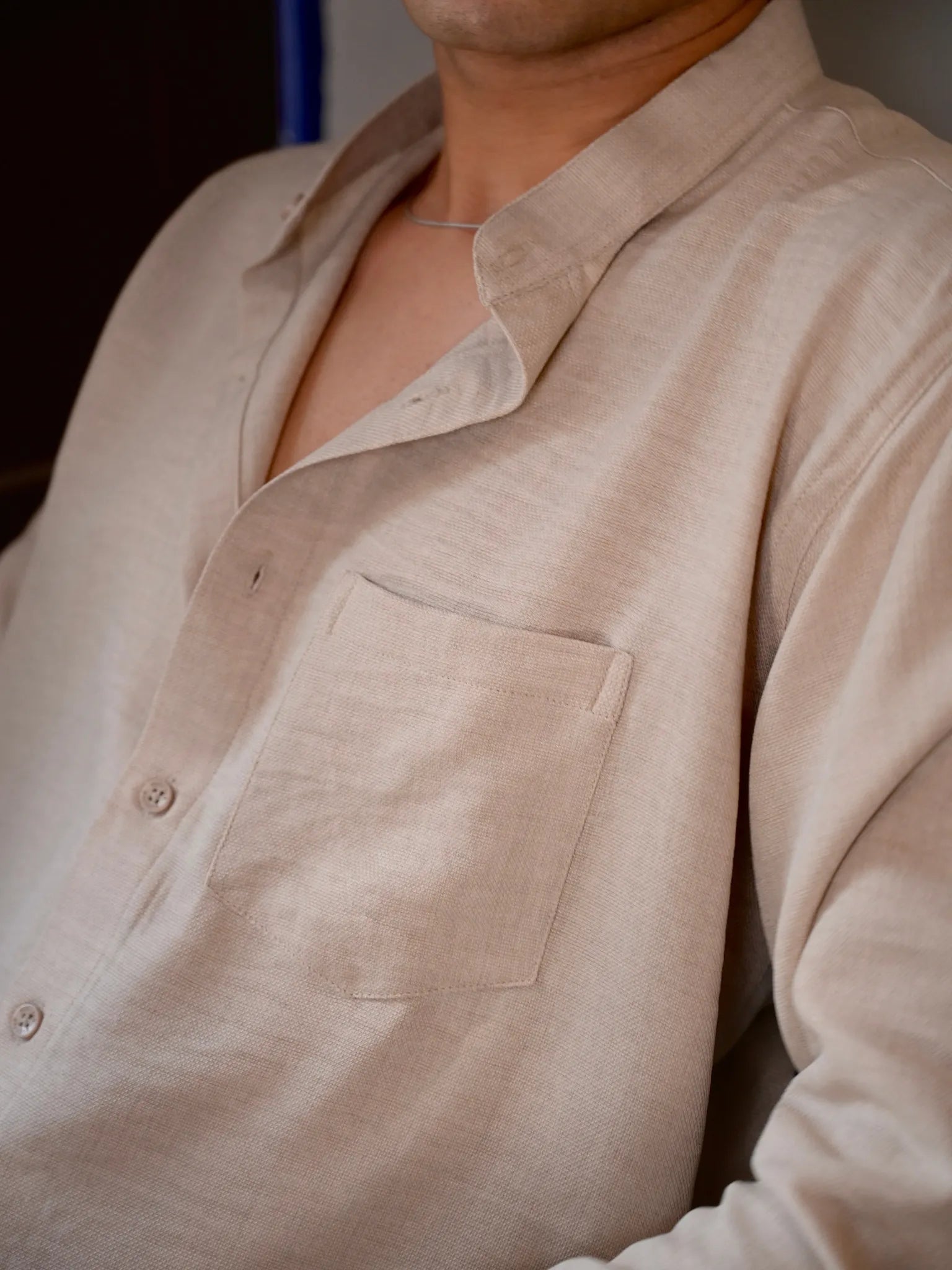 beige Linen Blend Mandarin collar Full Sleeves Shirt