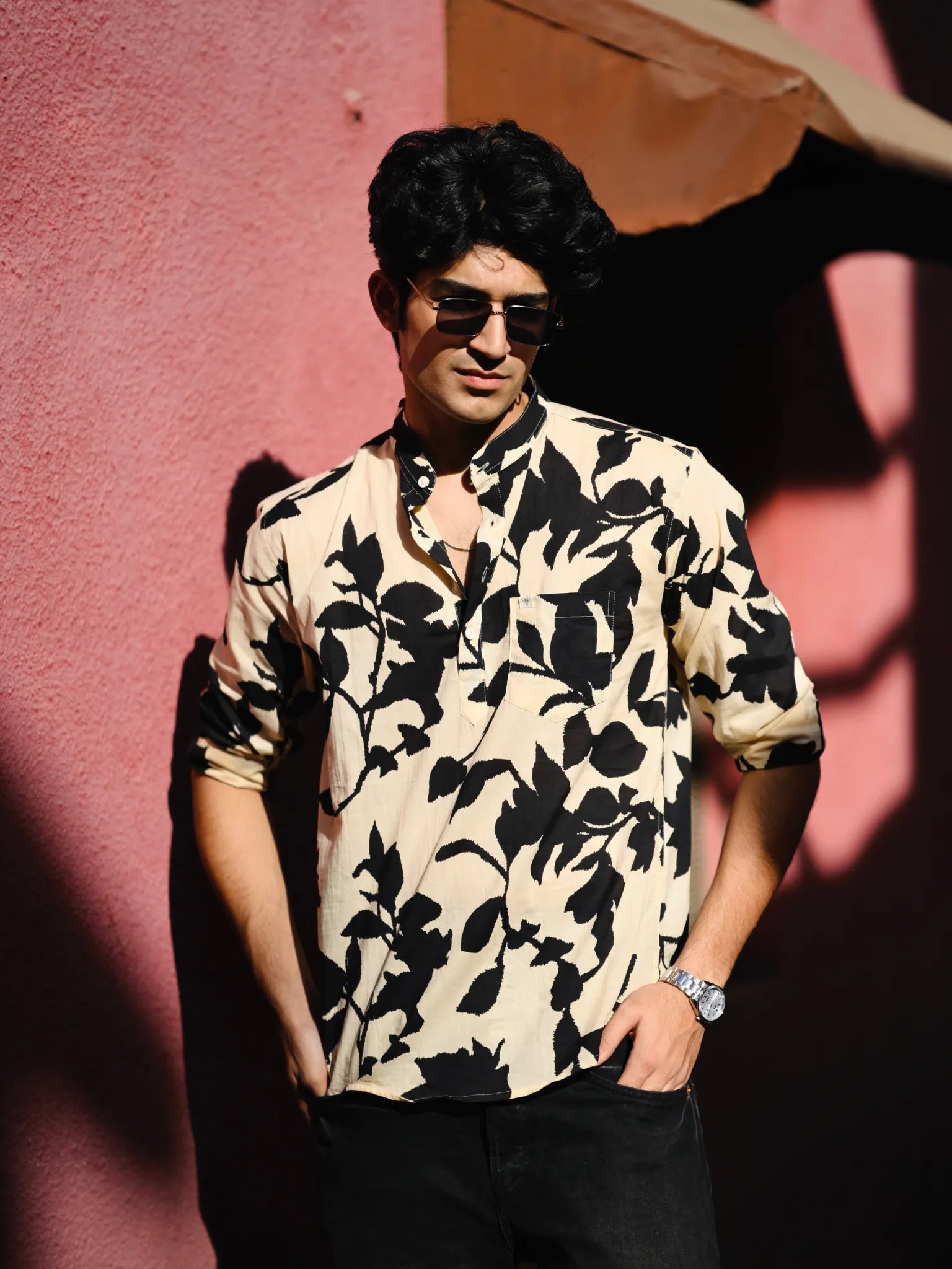 Black Cream Petals printed short kurta