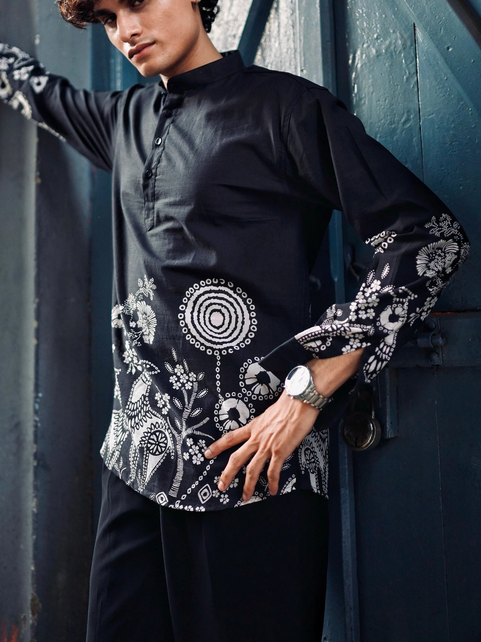 Black Placement Print short kurta