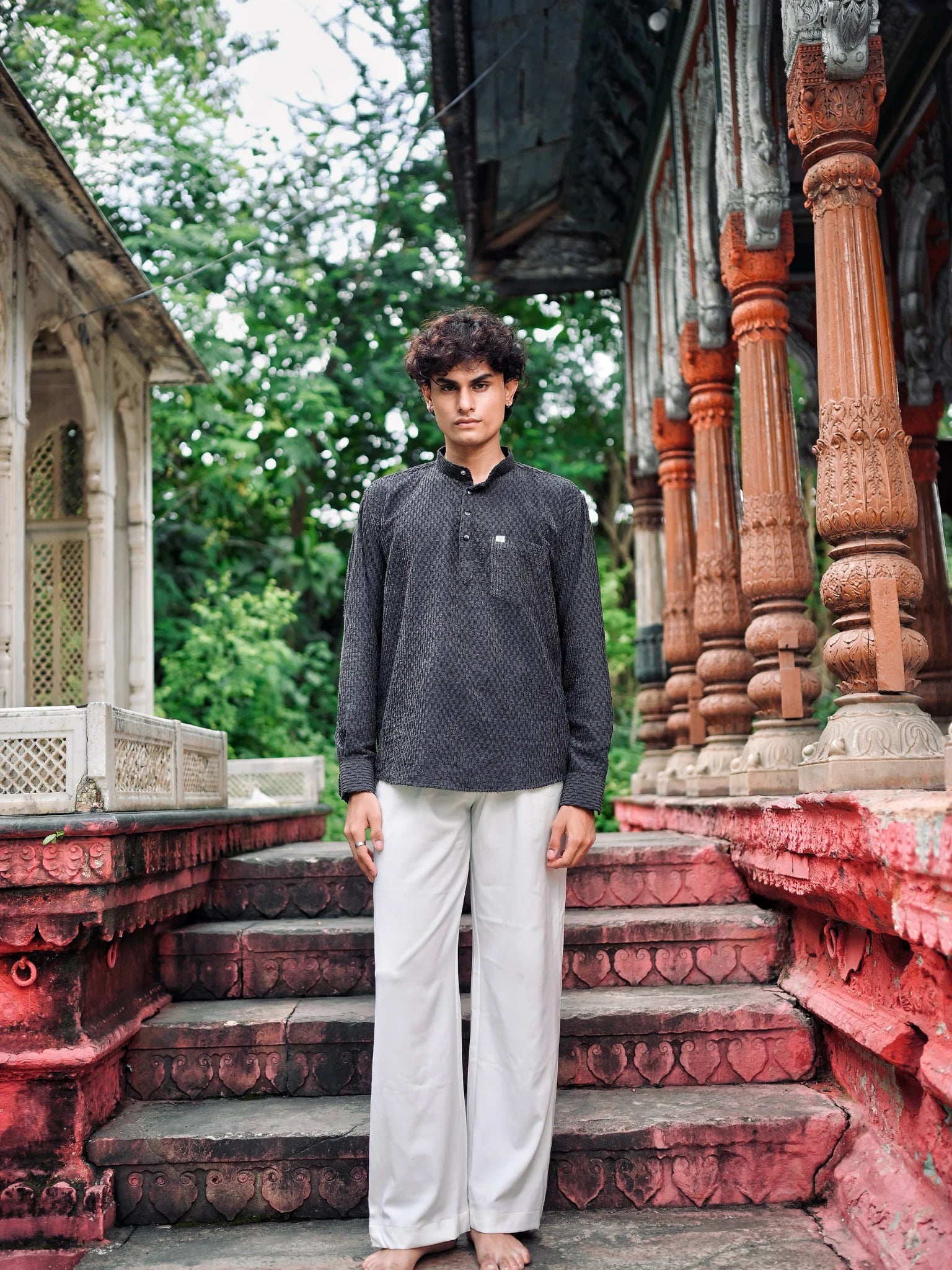 Grey Texture Weave Short Kurta