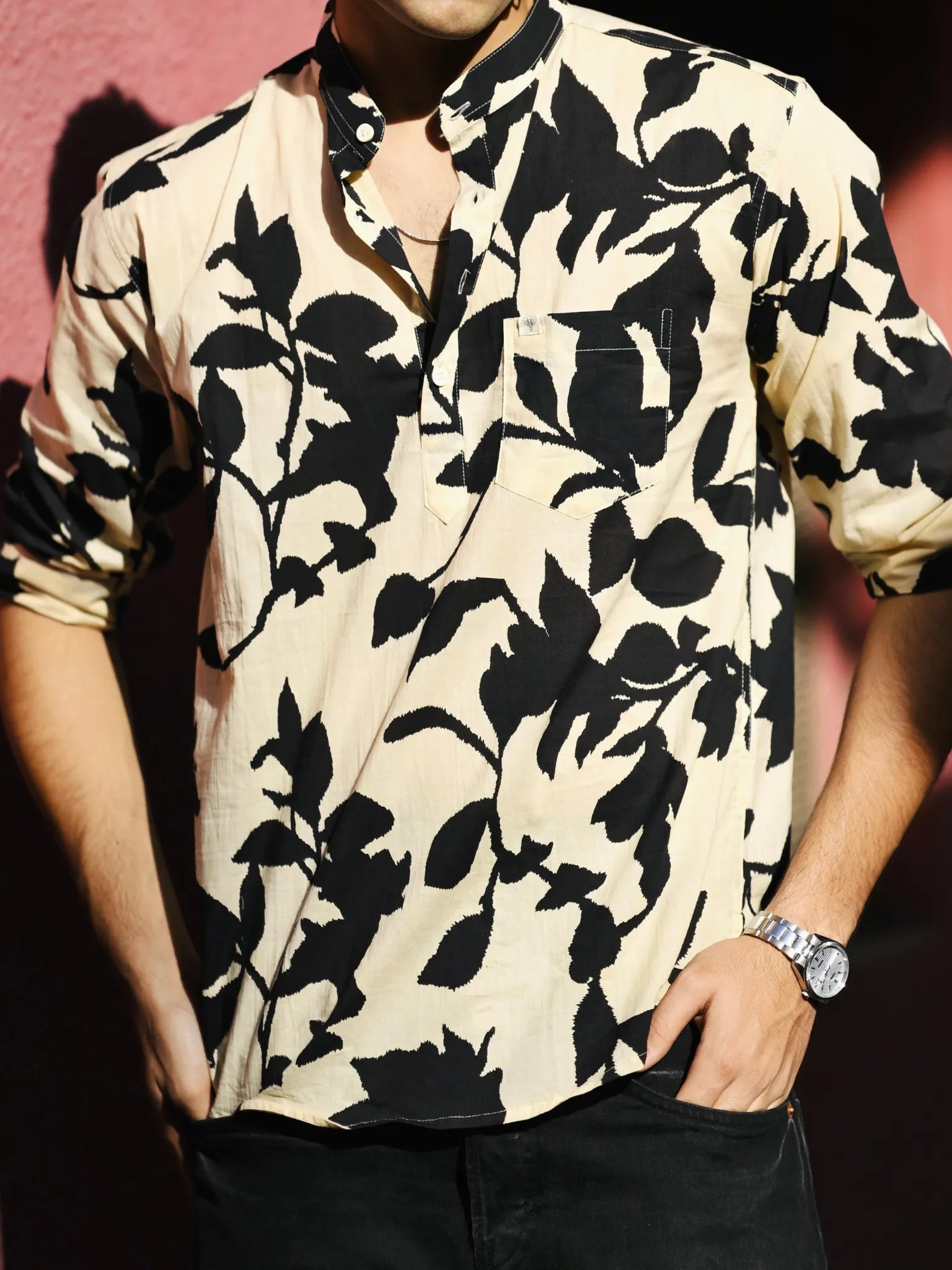 Black Cream Petals printed short kurta