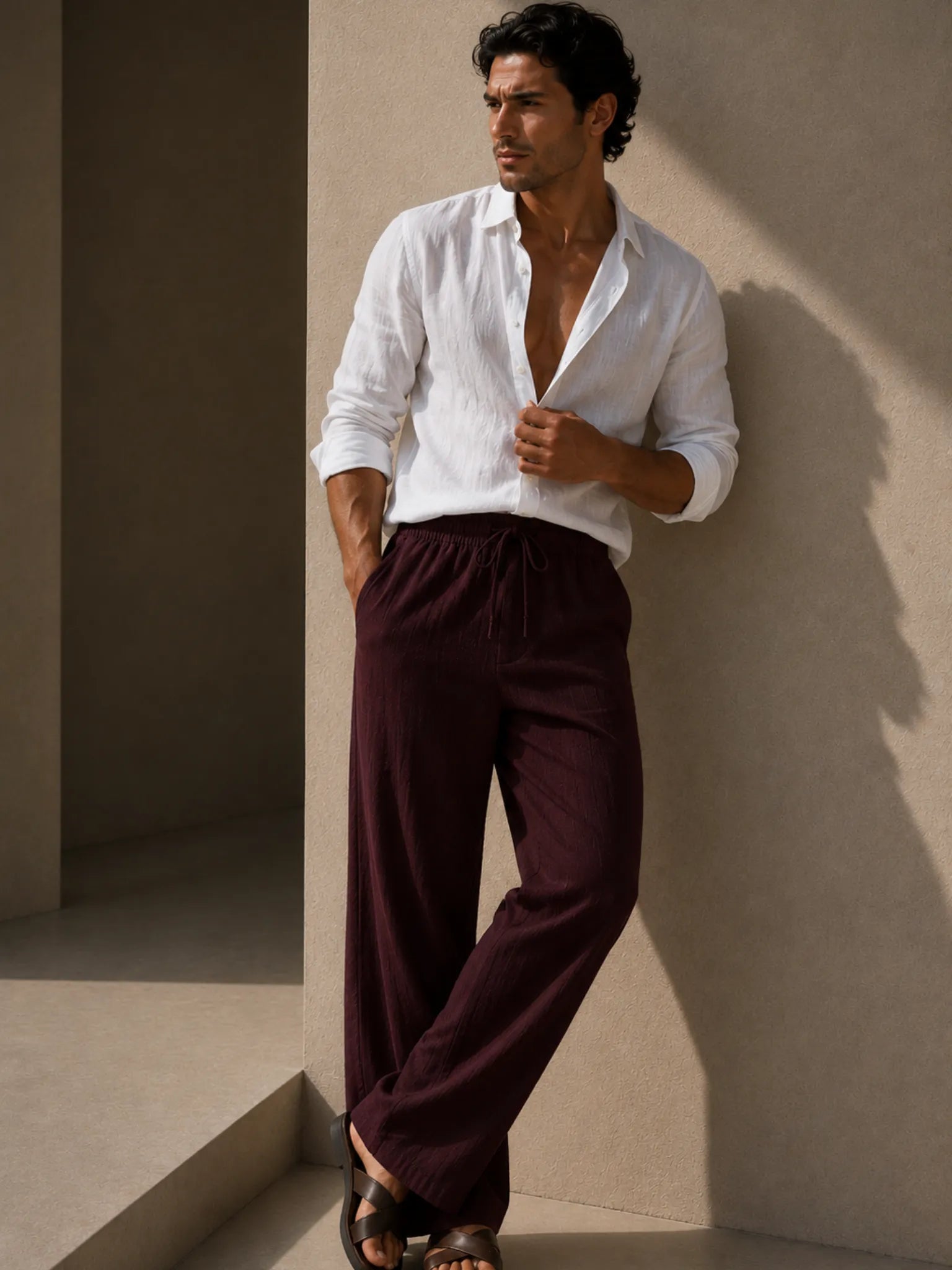 HUESFAB Men's Maroon Straight Fit Linen Blend Pants