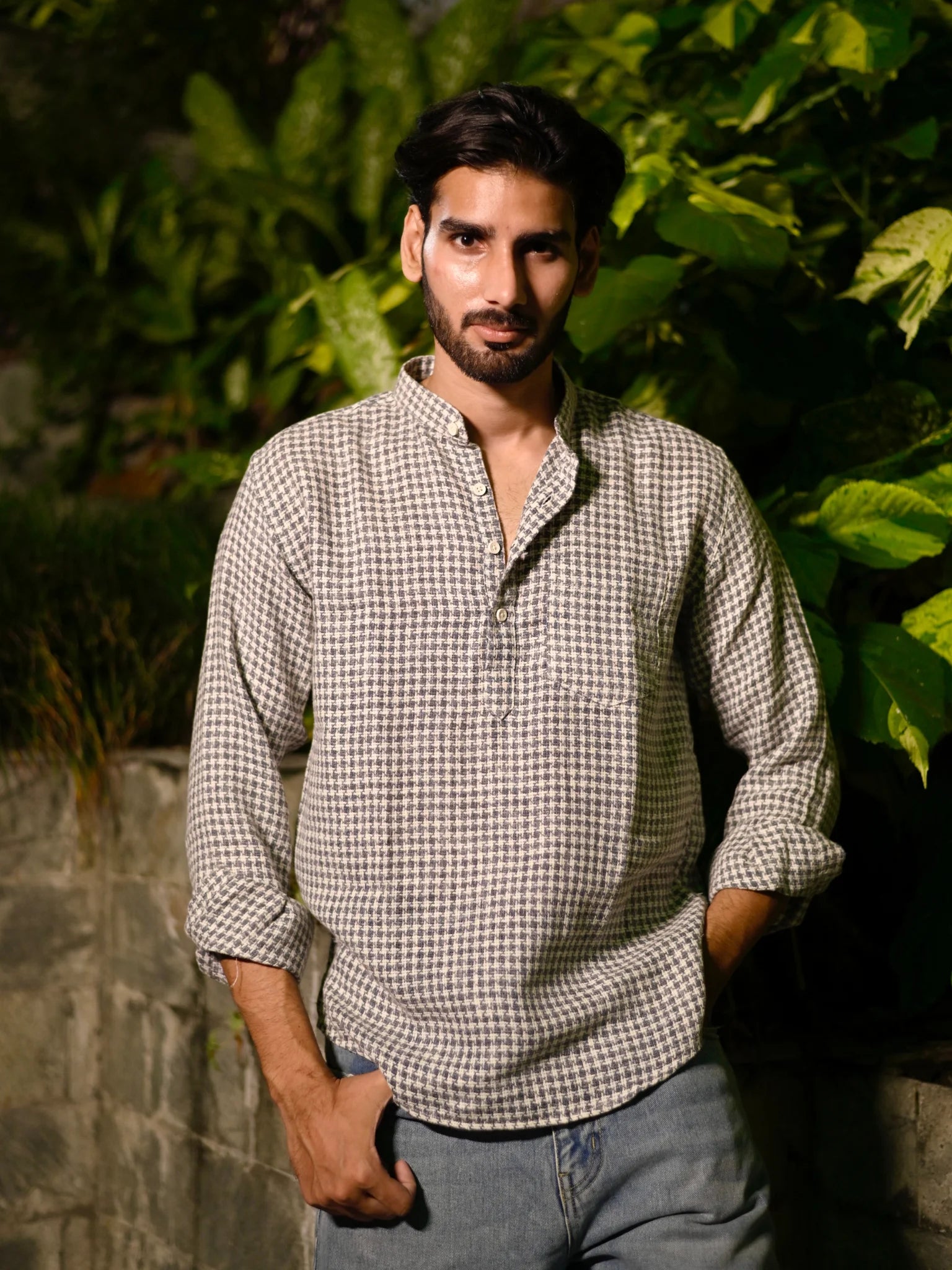 Grey Self pattern yarn Dyed Short Kurta