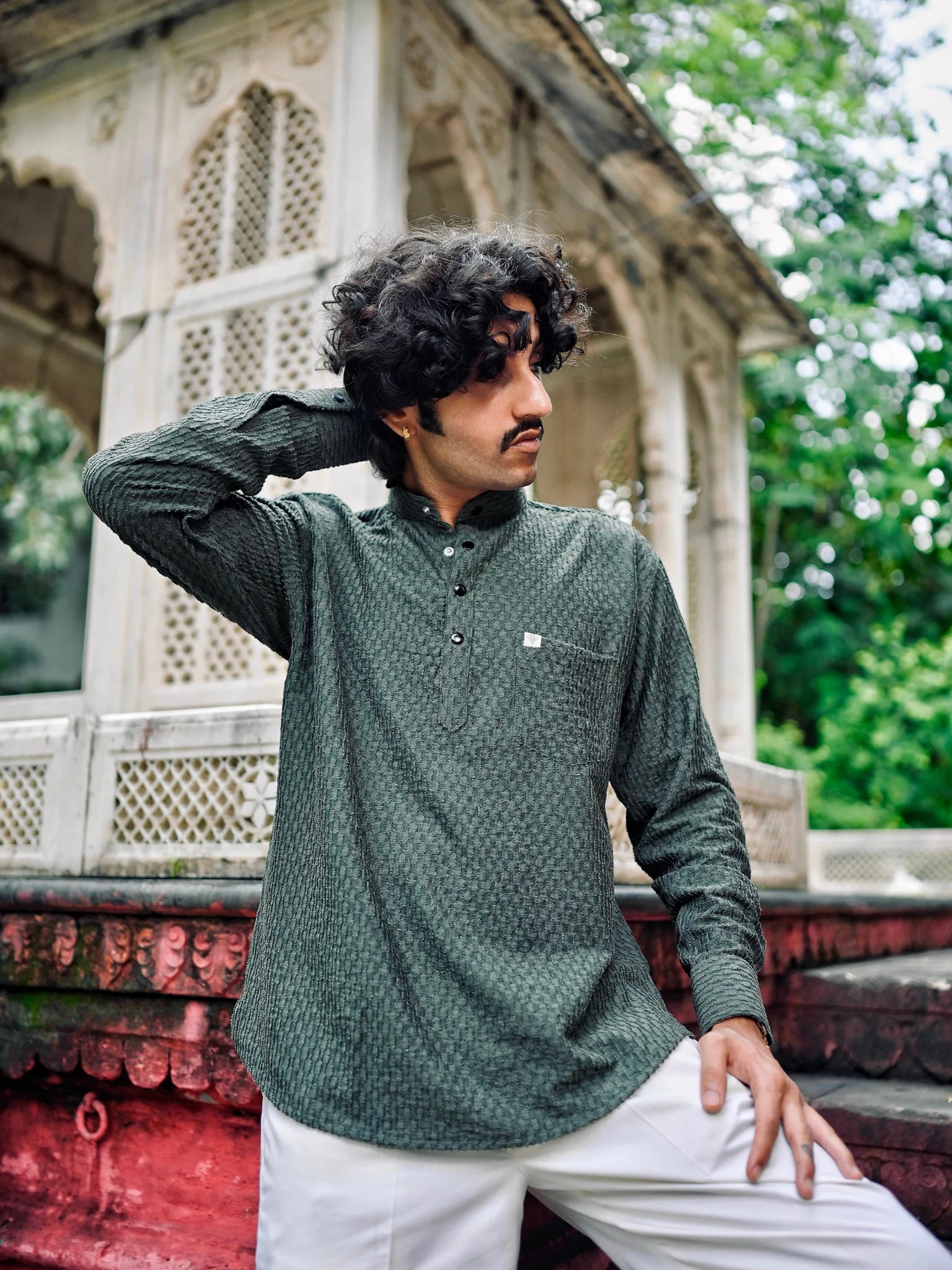 Green Texture Weave Short Kurta
