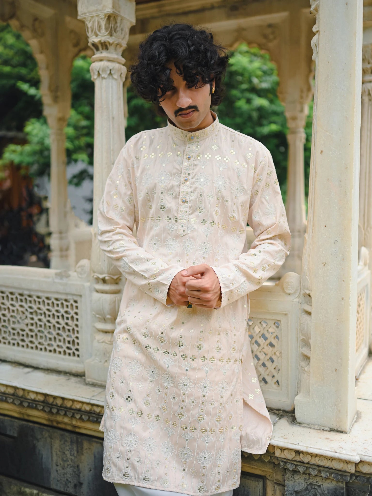 Peach Thread And Mirror Work Long Kurta