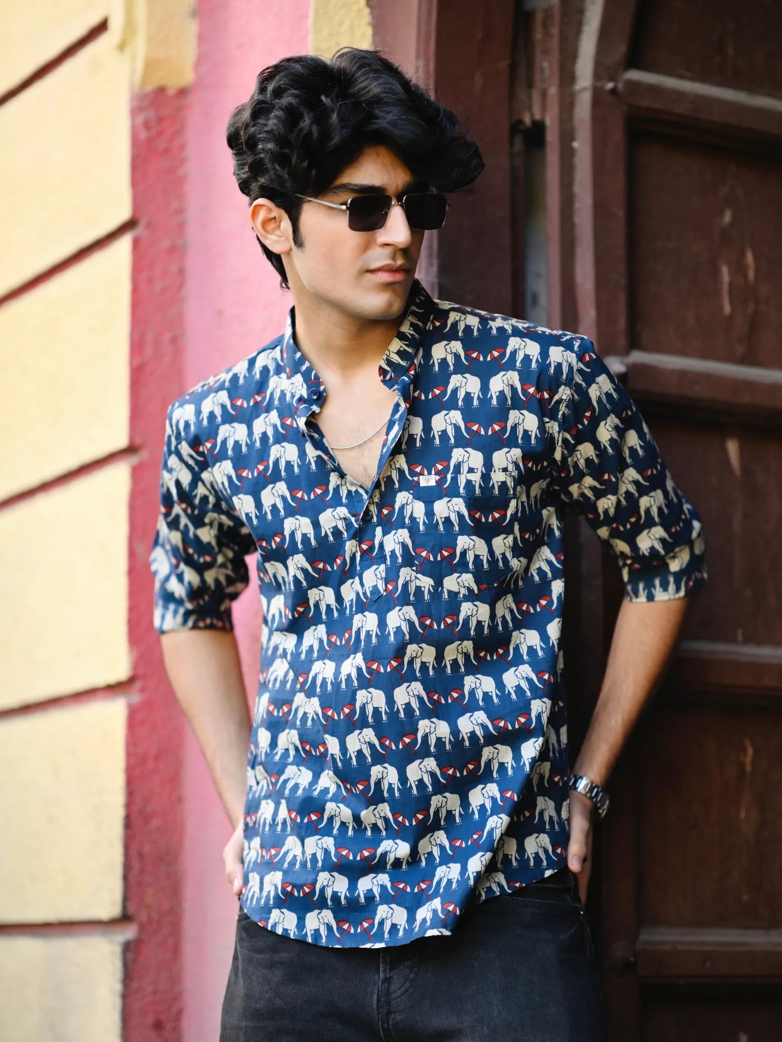 Navy Blue Elephant Umbrella Printed Short Kurta