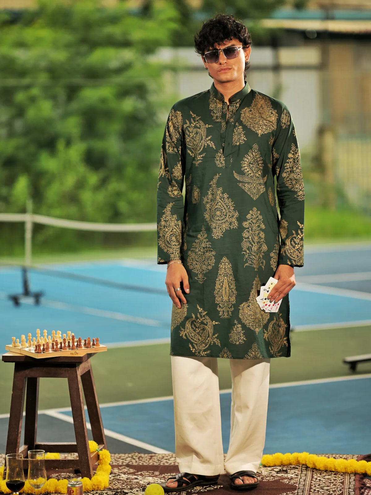 Bottle Green Paisley long Kurta