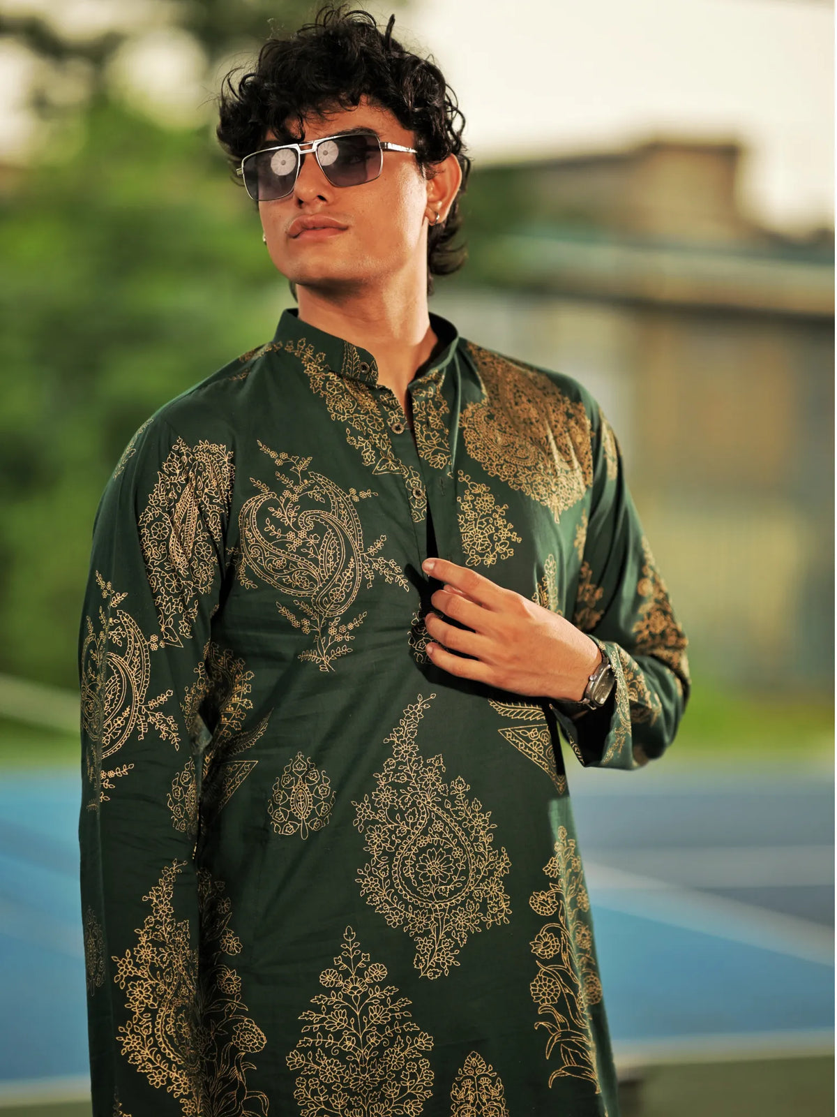 Bottle Green Paisley long Kurta