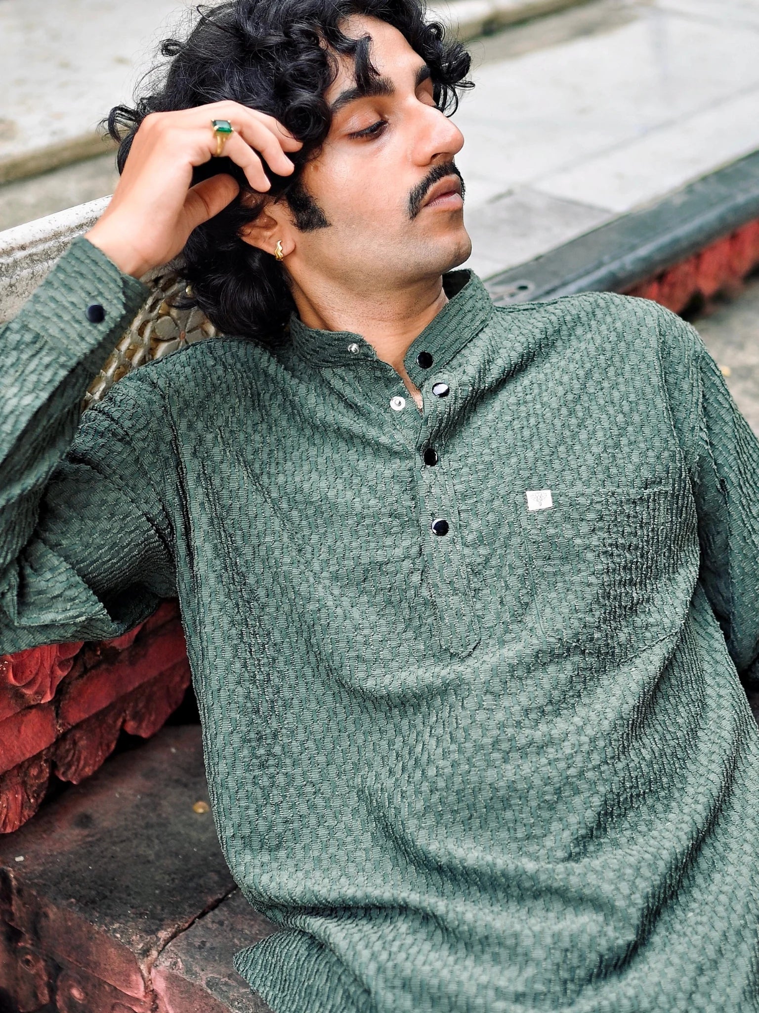Green Texture Weave Short Kurta