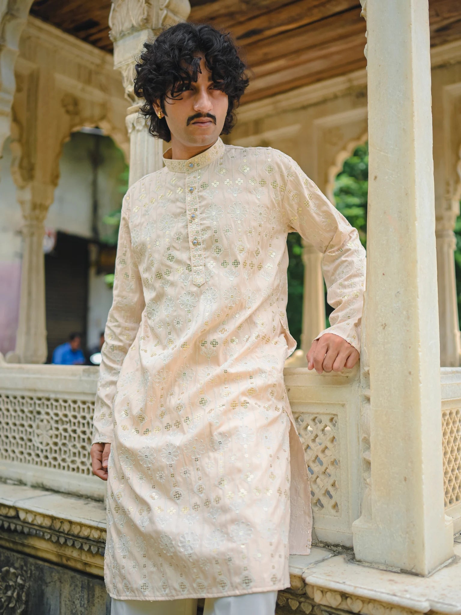 Peach Thread And Mirror Work Long Kurta