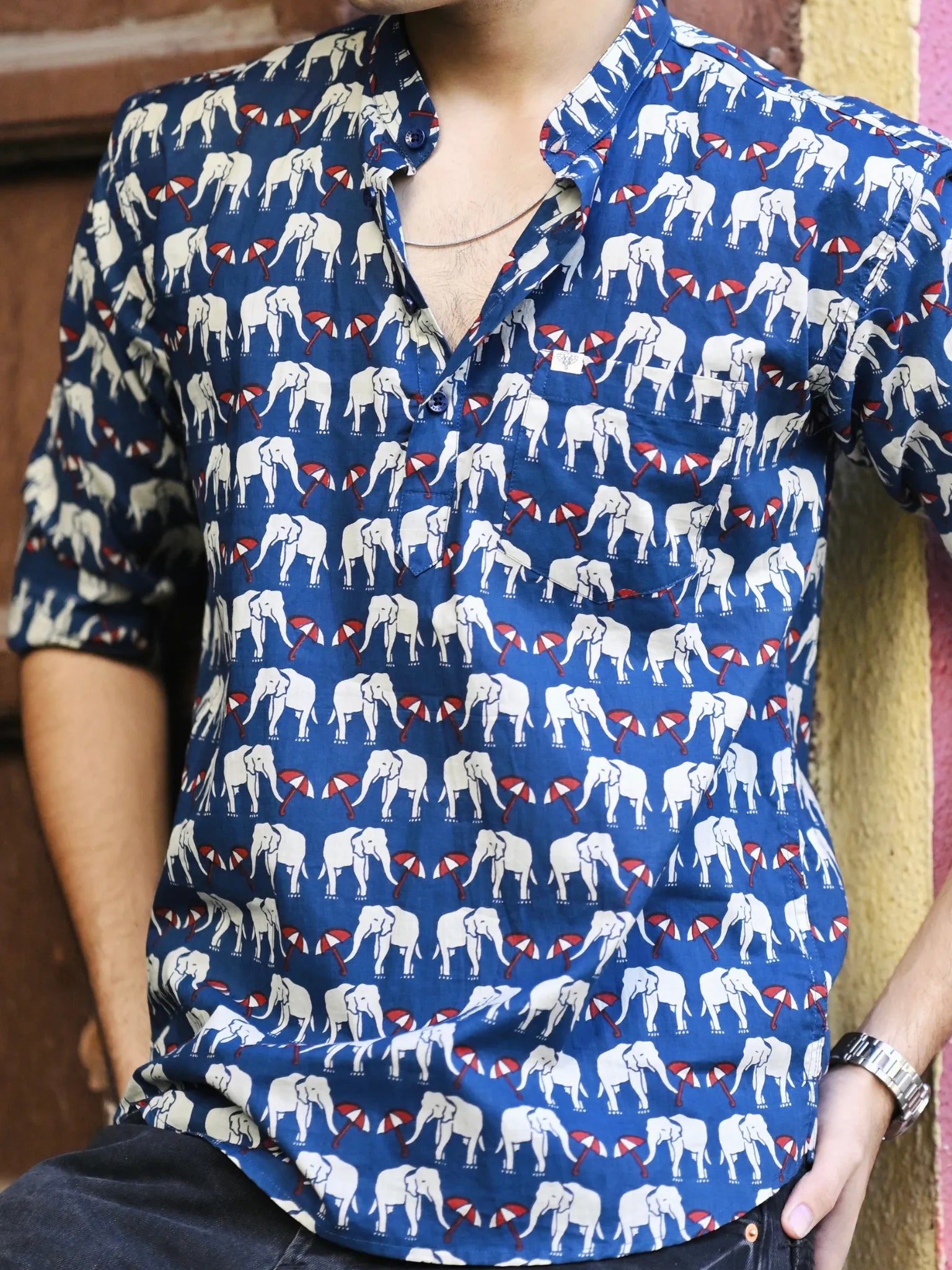 Navy Blue Elephant Umbrella Printed Short Kurta