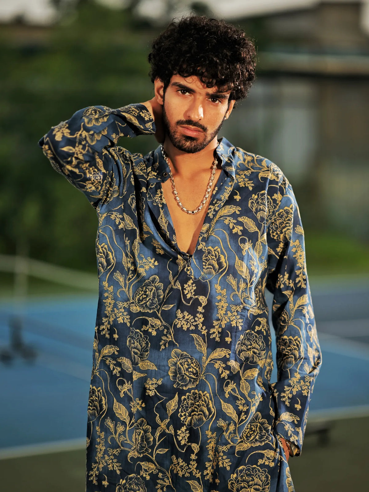 Navy Imperial Floral long Kurta