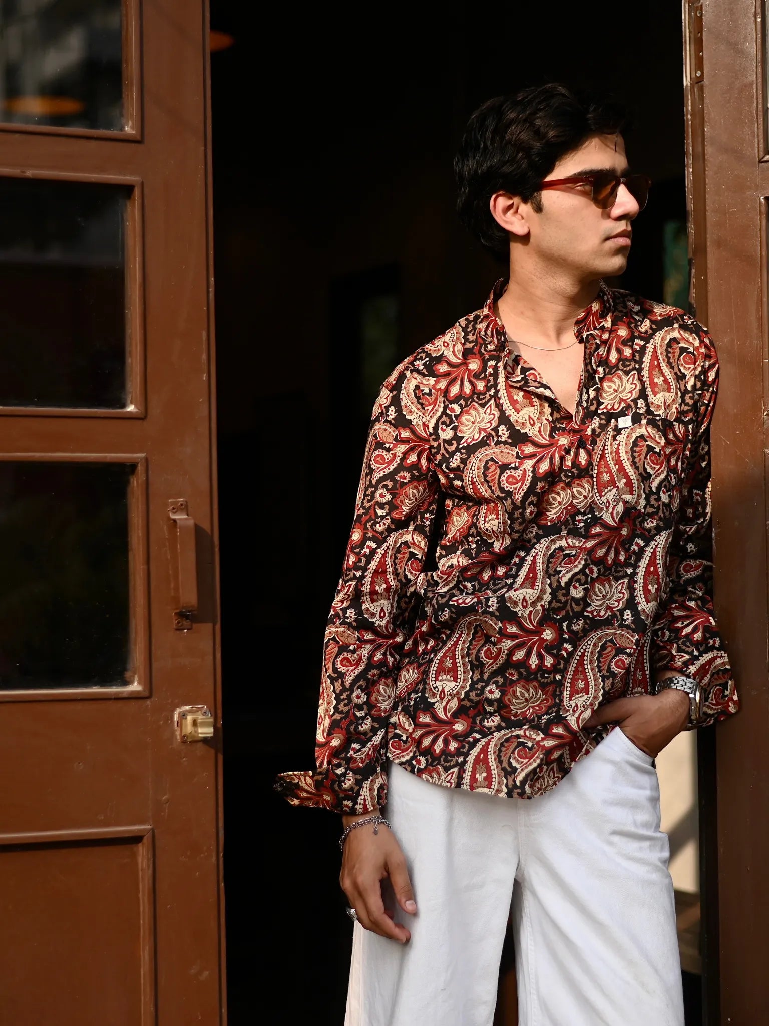 Black Red Paisley Printed Short Kurta